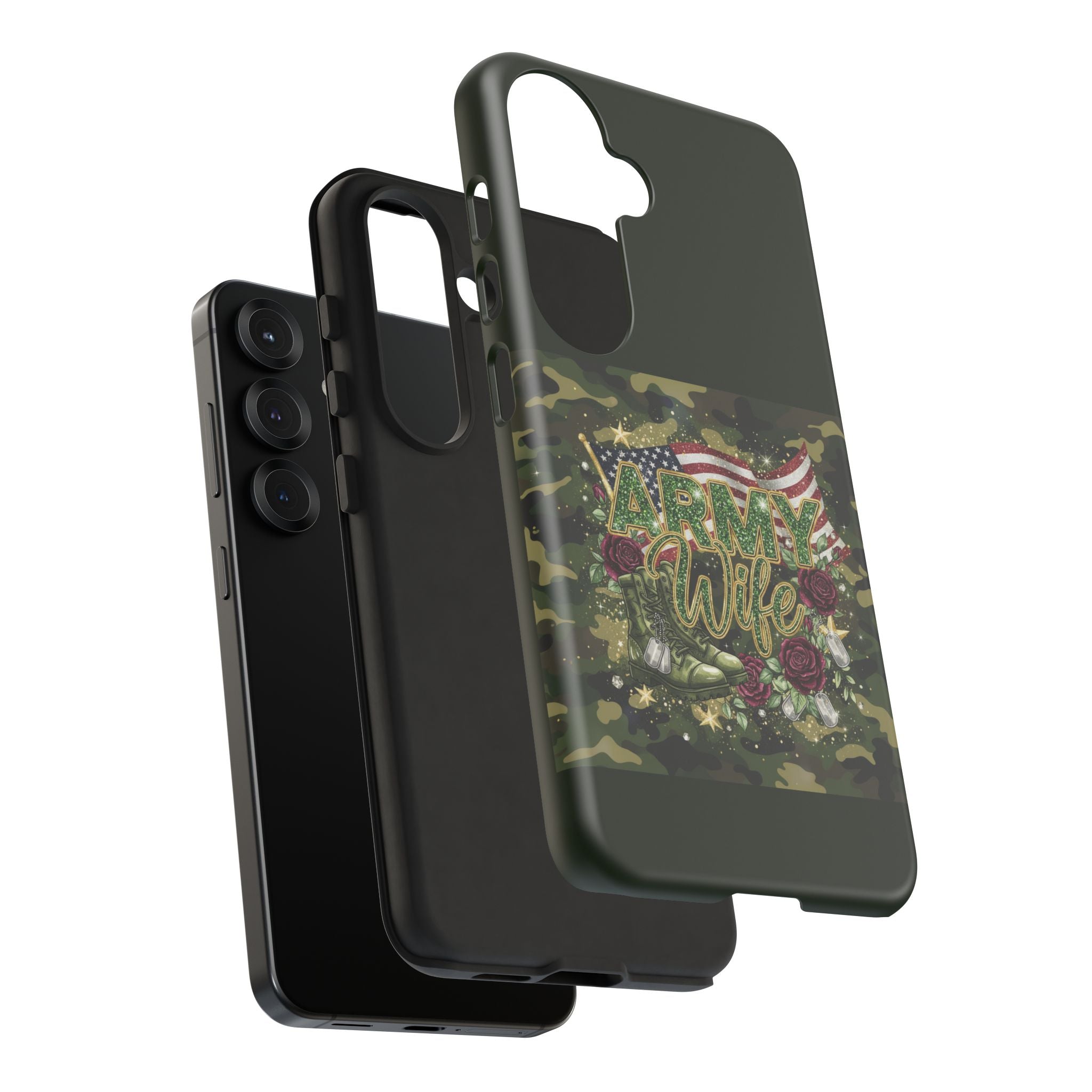 Army Wife Tough Phone Case — Camo Flag Design with Roses