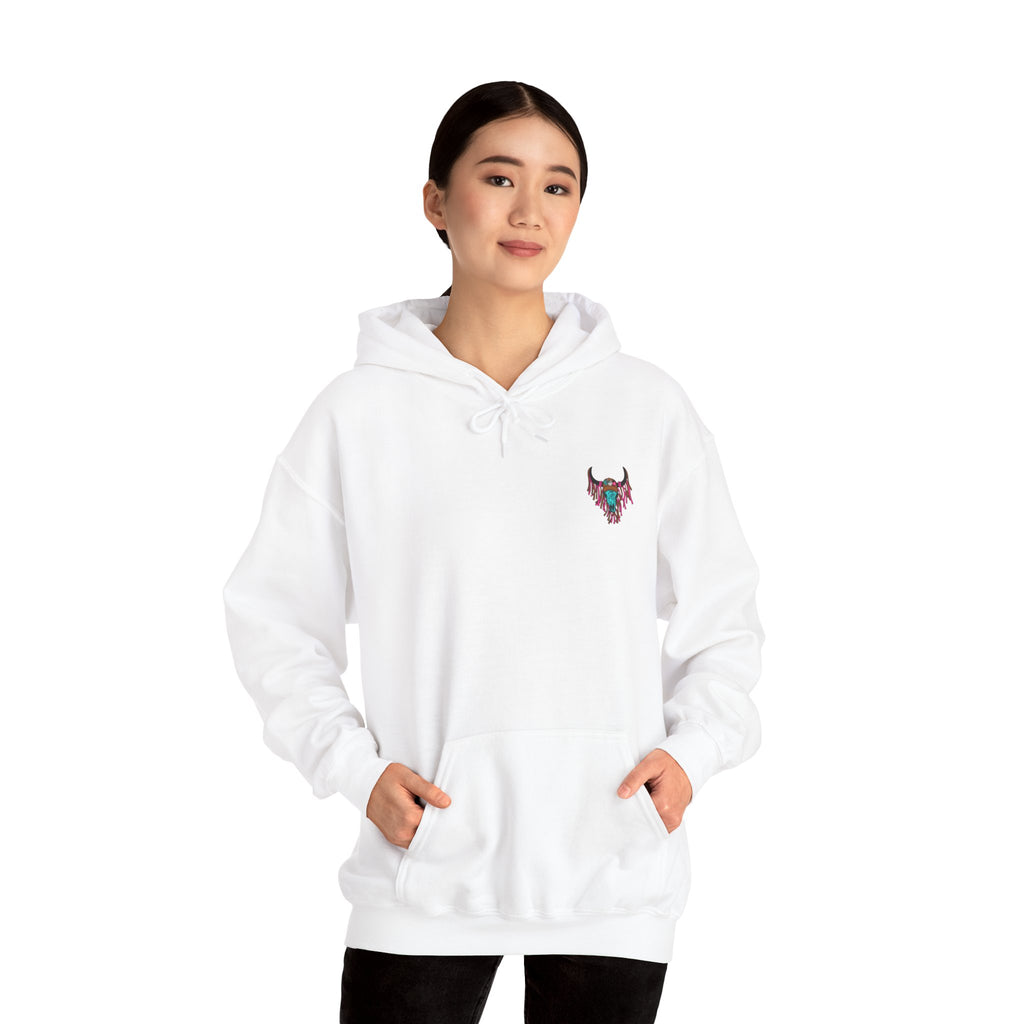 Double-sided Bull Skull Graphic Hoodie – Teal & Brown Desert Cow Skull Pullover