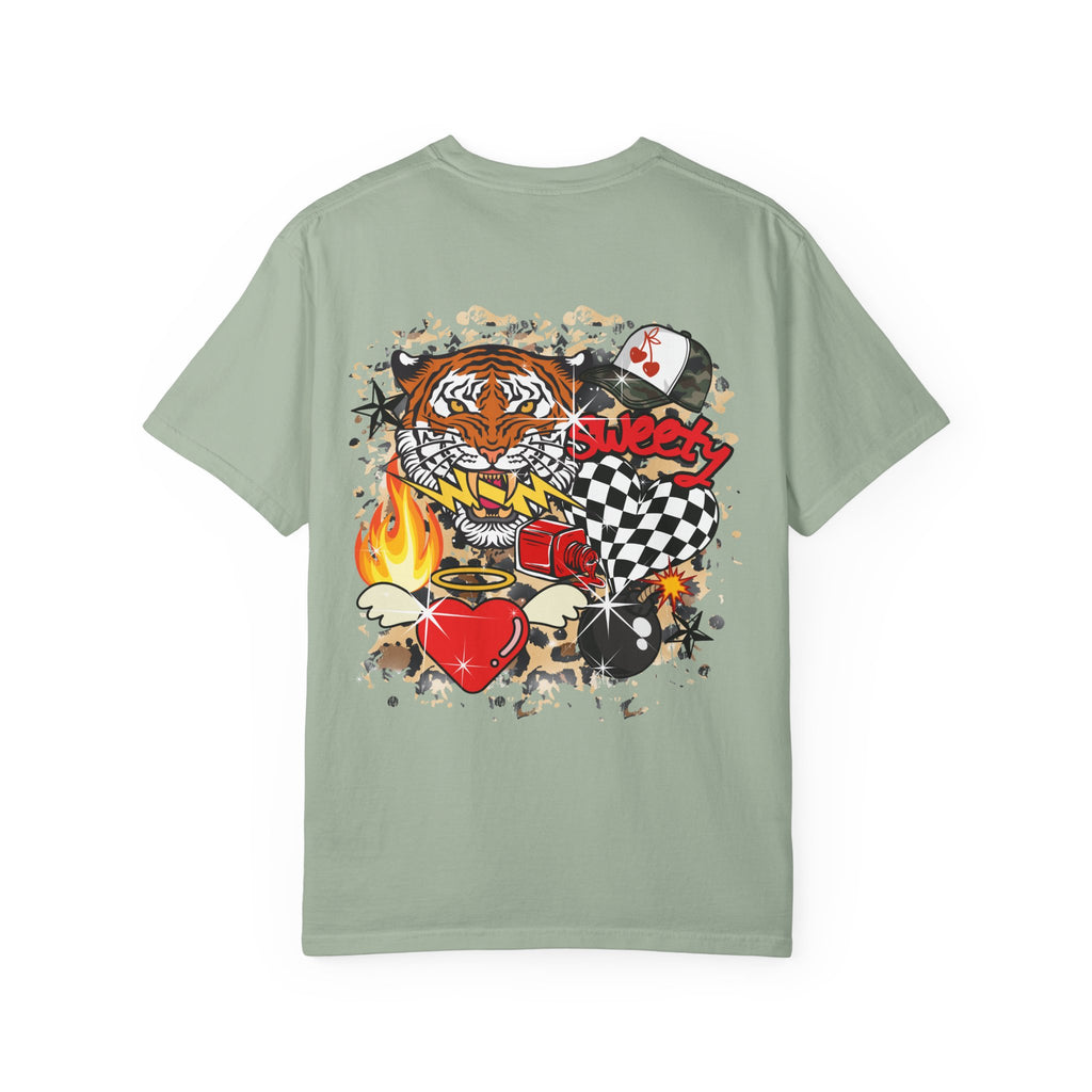 Graphic T-Shirt — Checker Heart & Tiger Collage Design