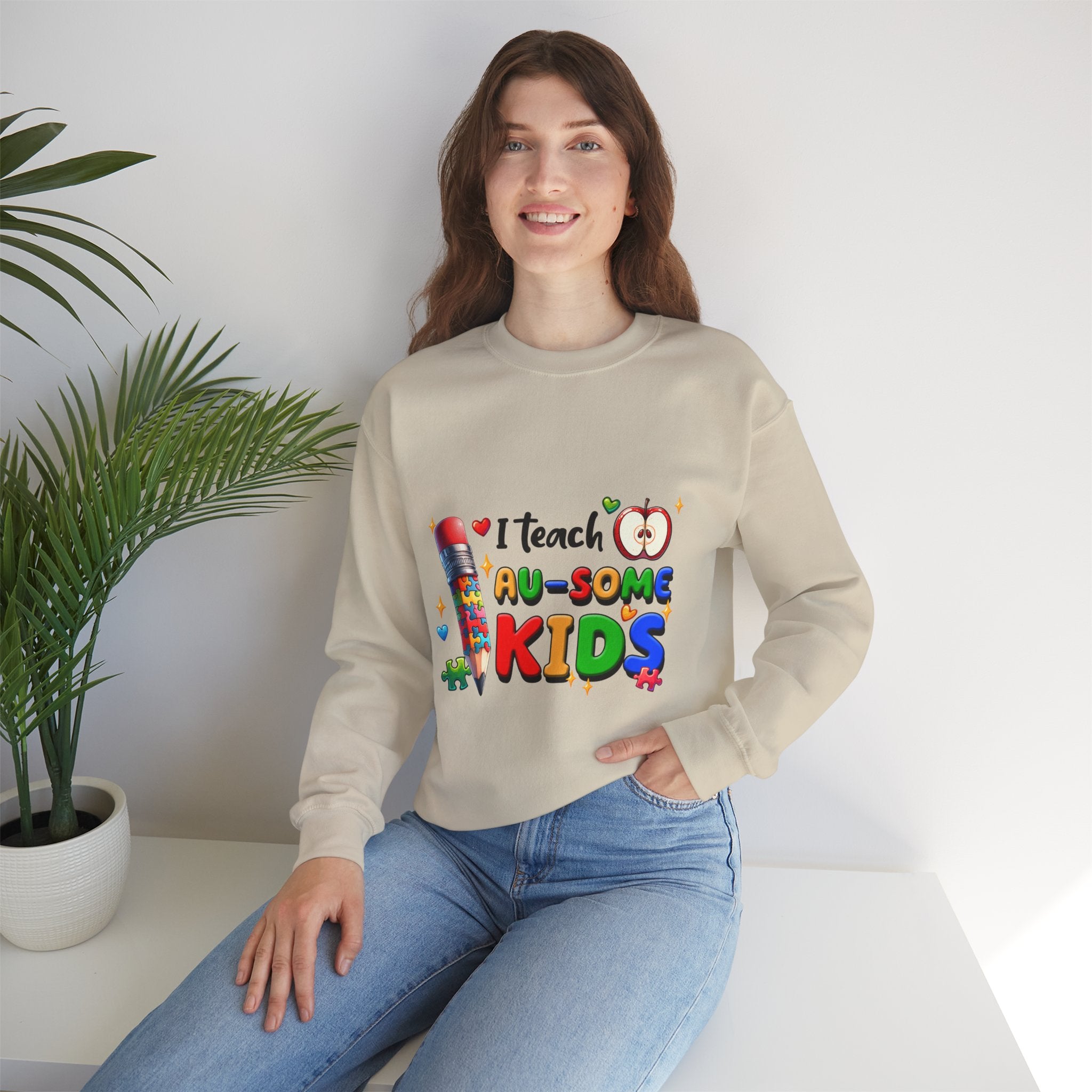 Teacher Crewneck Sweatshirt — “I Teach Au-some Kids” Colorful Autism Awareness Design