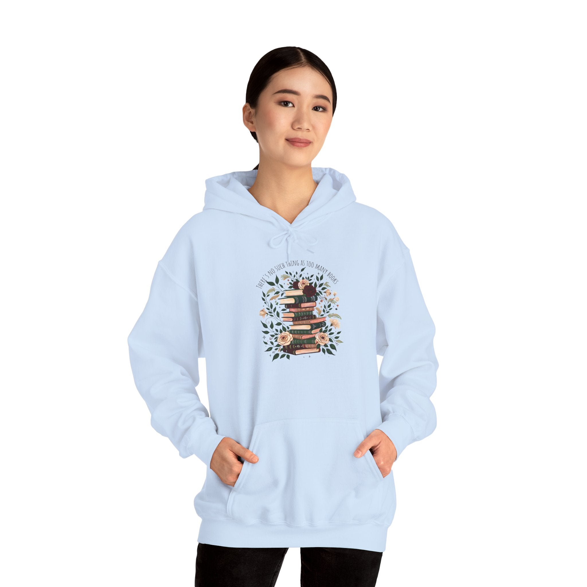 Cozy Reading Stack Hoodie — Floral Bookshelf Design
