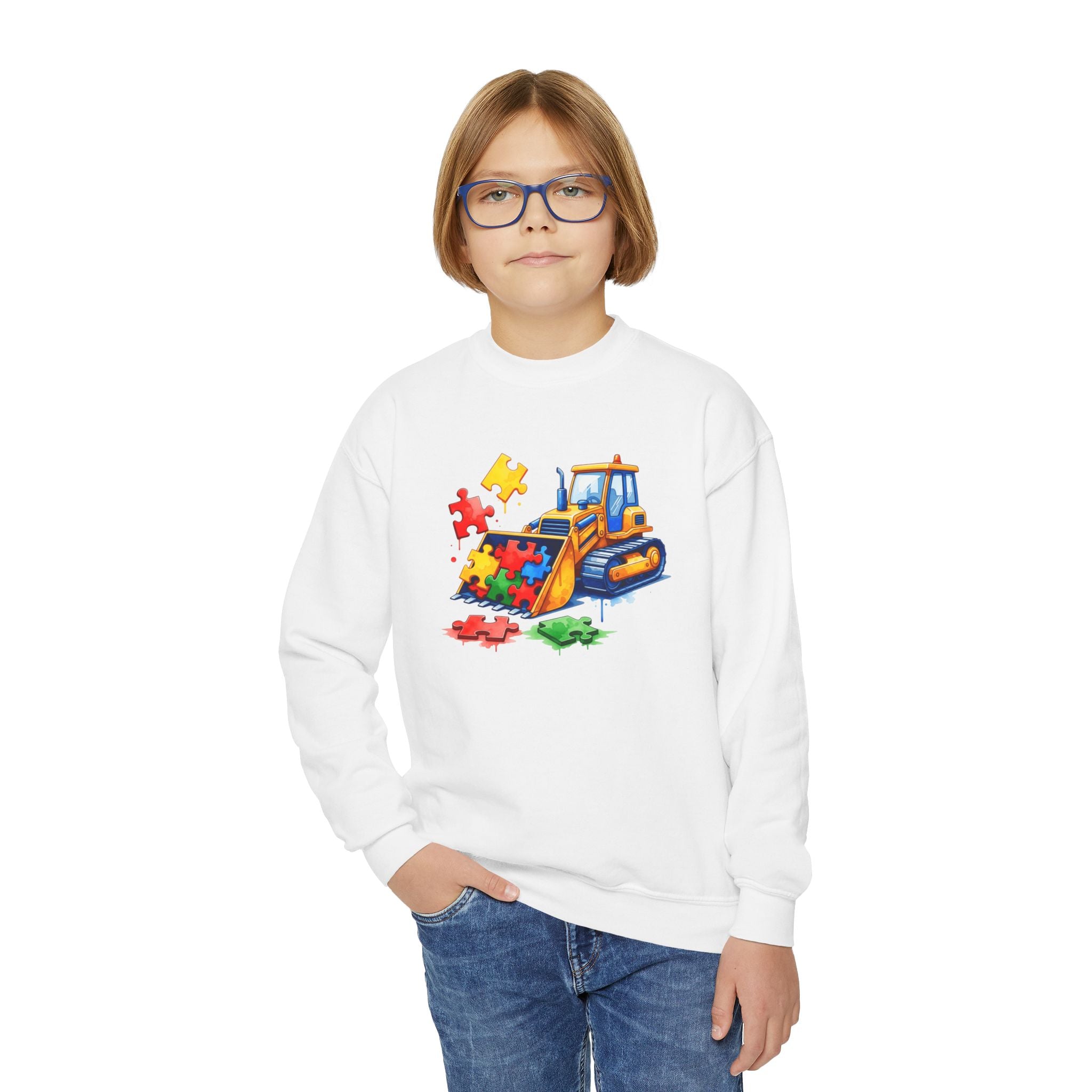 Kids Bulldozer Autism Puzzle Crewneck Sweatshirt