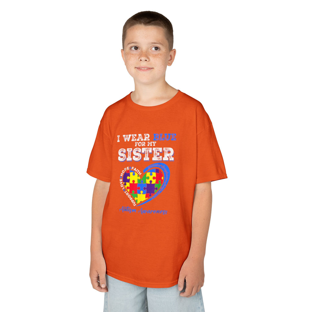 Autism Awareness Kids Tee — "I Wear Blue For My Sister" Puzzle Heart