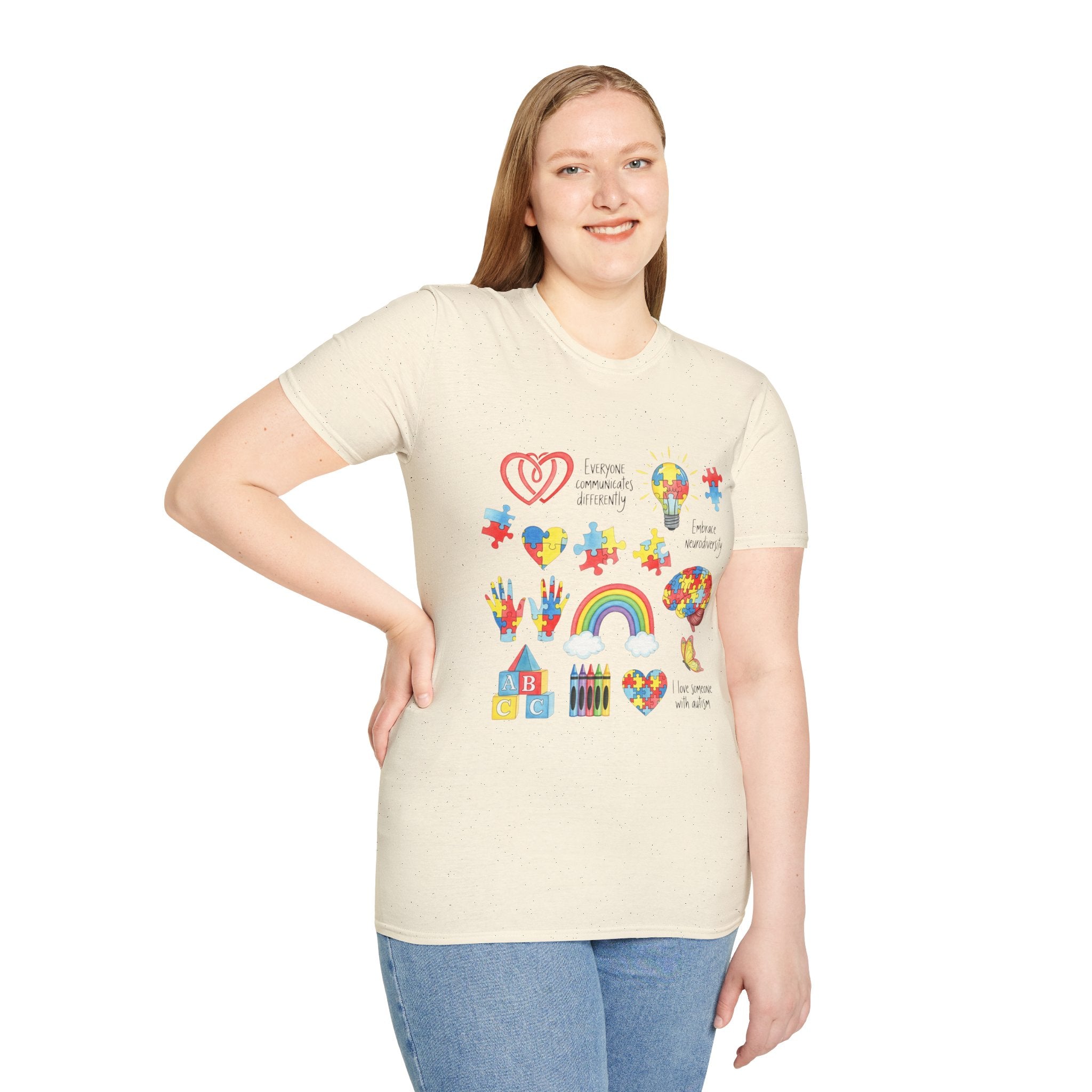 Autism Awareness Icons T-Shirt – Puzzle Heart, Rainbow & Support Symbols