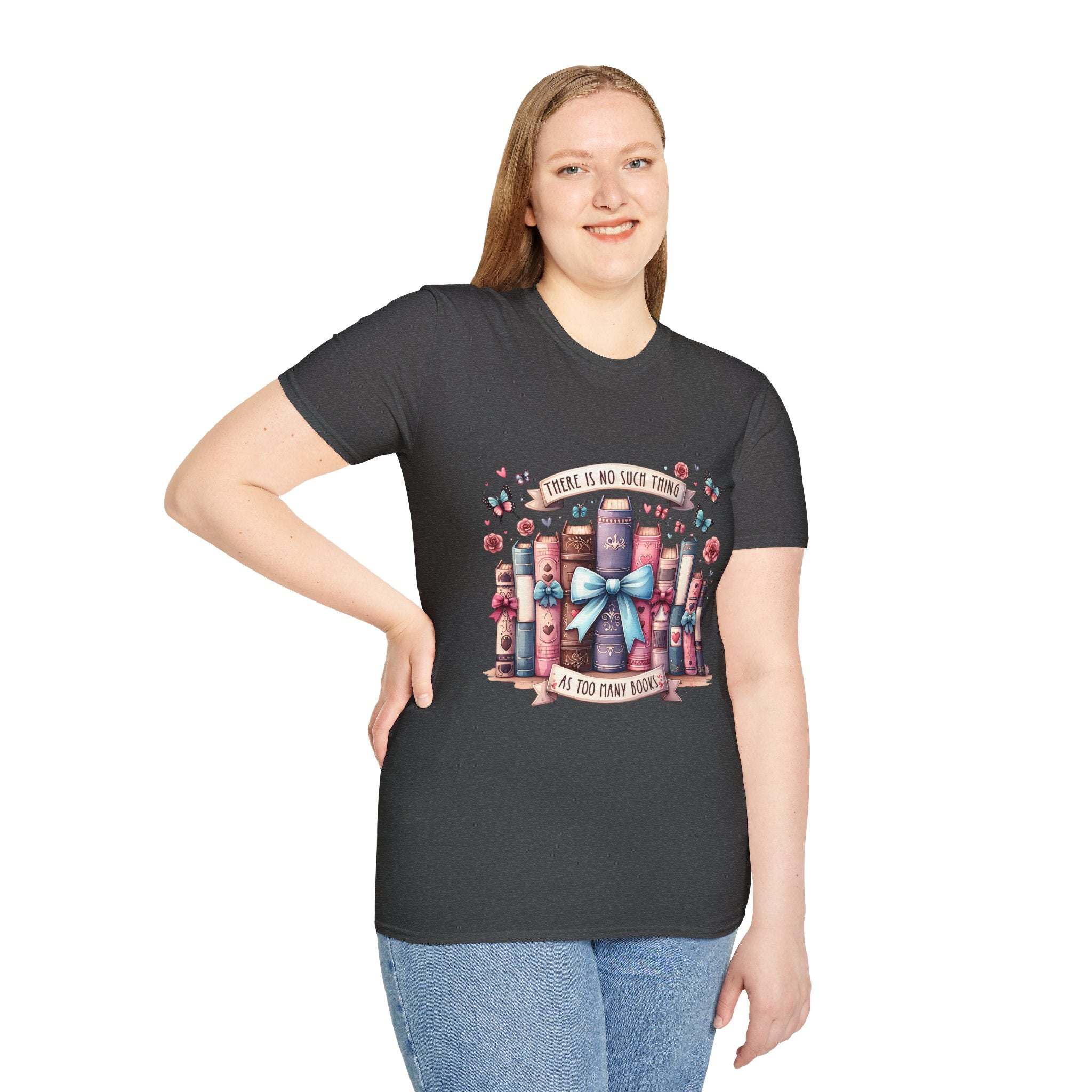 Book Lover T-Shirt — "There Is No Such Thing As Too Many Books" Illustrated Stack Design