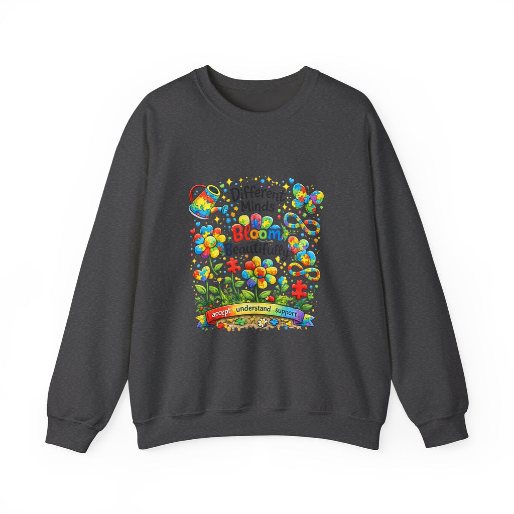 Autism Awareness Crewneck Sweatshirt — “Different Minds Bloom Beautifully” Colorful Puzzle Flower Design