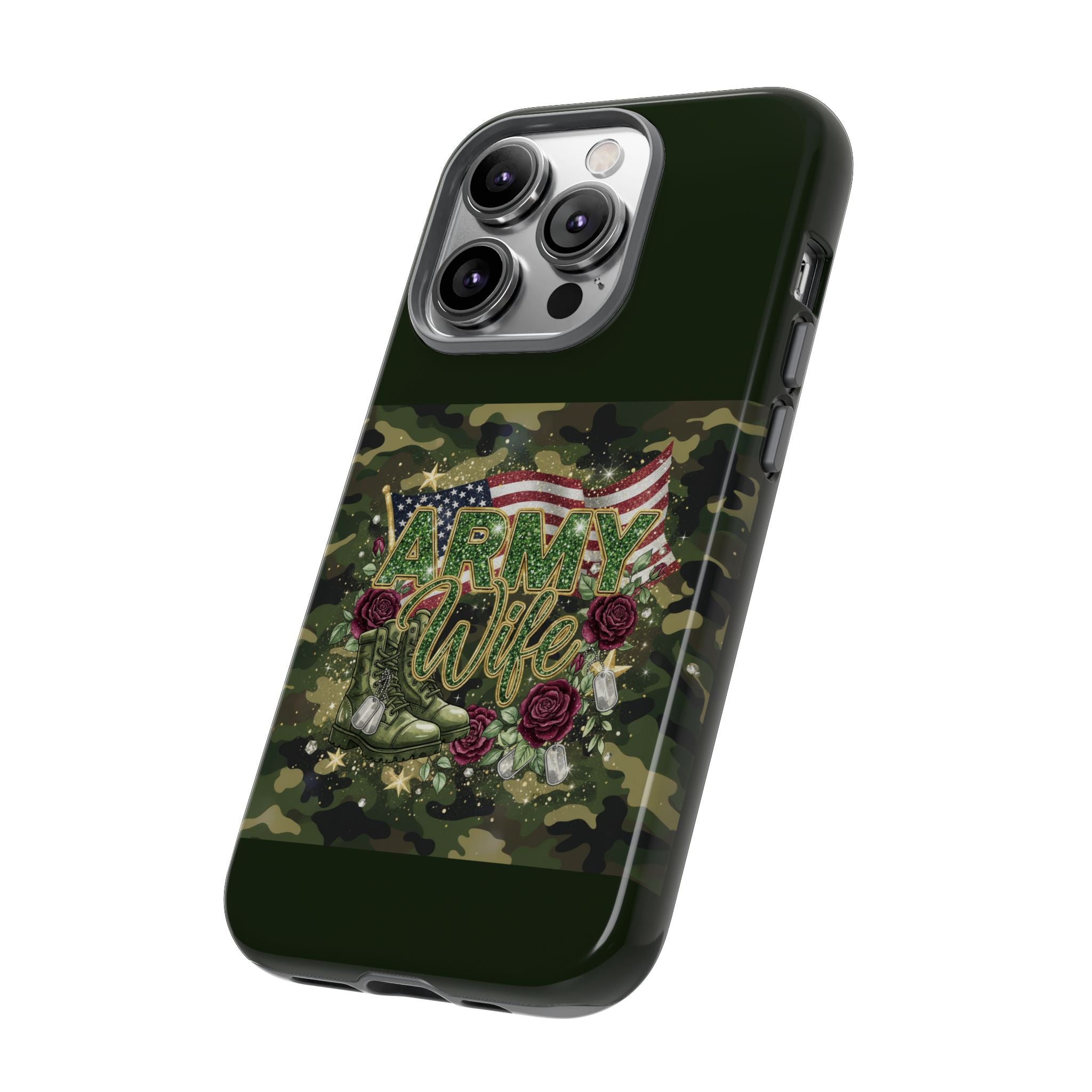 Army Wife Tough Phone Case — Camo Flag Design with Roses