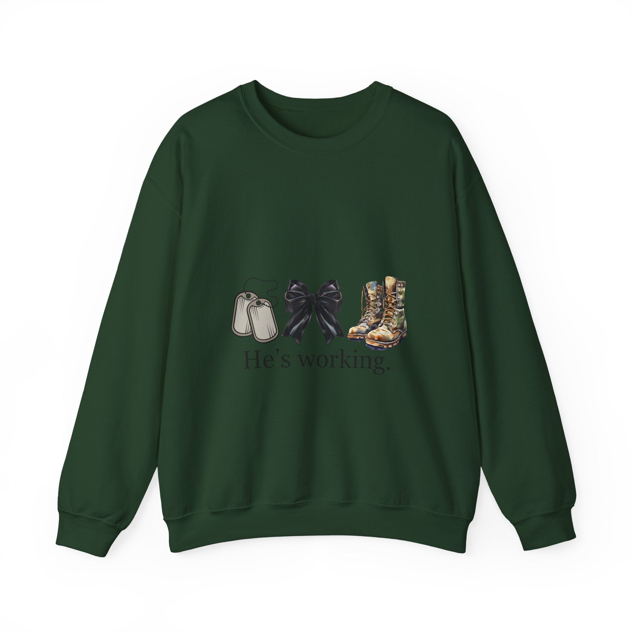 Crewneck Sweatshirt — "He's Working" Graphic with Boots, Bow & Baby Shoes