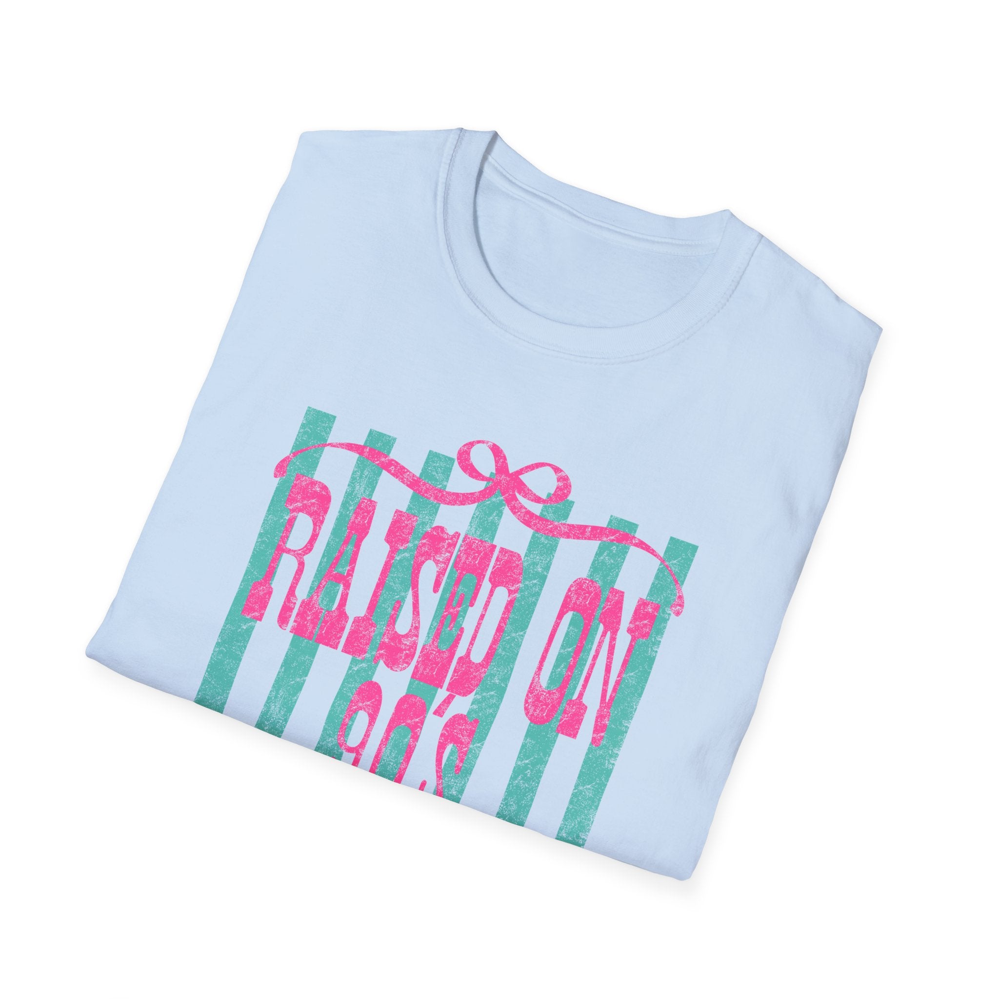Raised On Rock & Country T-Shirt — Pink Teal Striped Graphic Tee