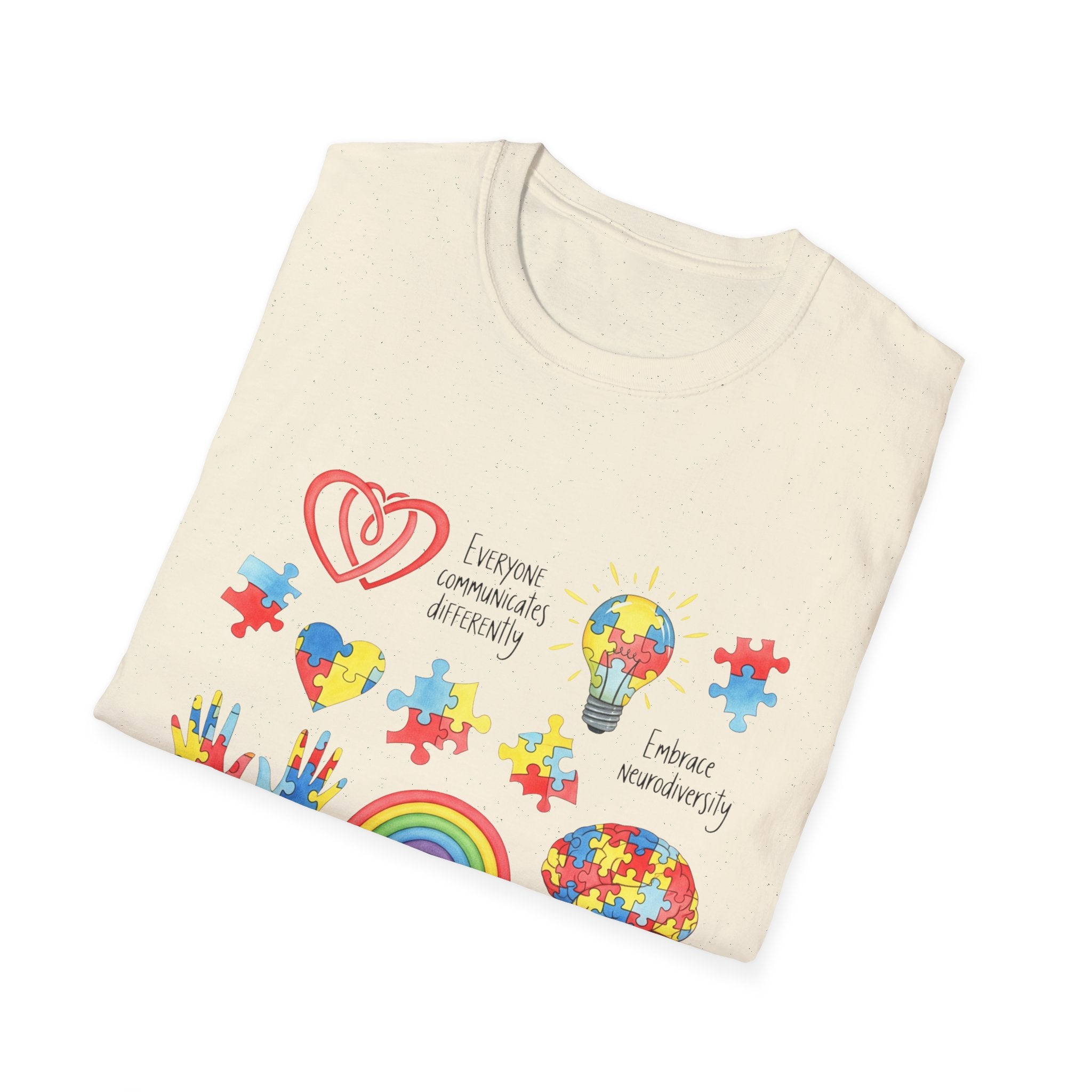 Autism Awareness Icons T-Shirt – Puzzle Heart, Rainbow & Support Symbols