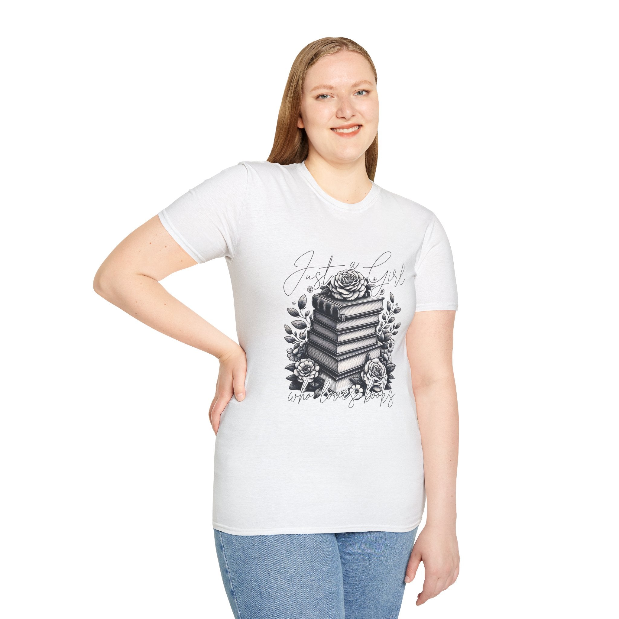 Book Lover T-Shirt — "Just a Girl Who Loves Books" Floral Stack Design