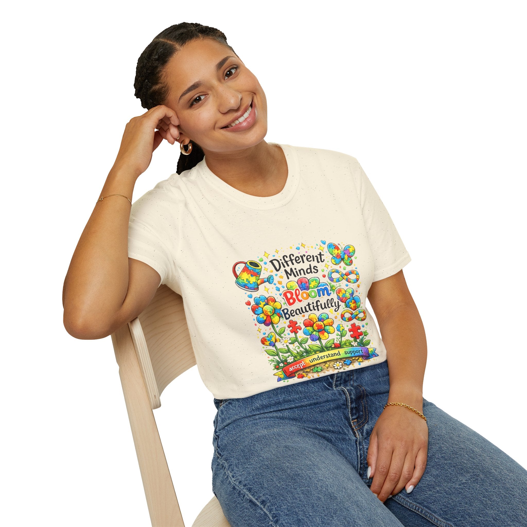 Autism Awareness T-Shirt – "Different Minds Bloom Beautifully" Colorful Puzzle Heart Design