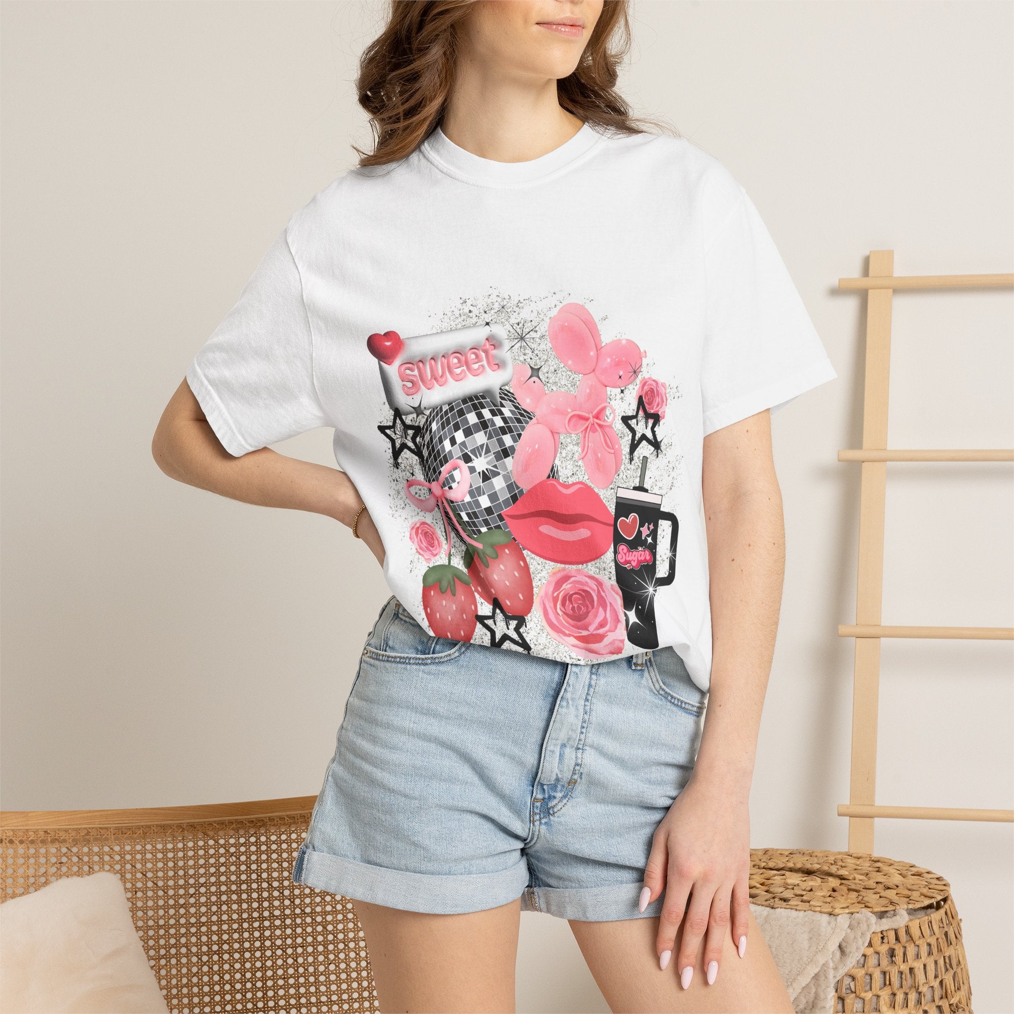 Sweet Kitsch Graphic T-Shirt — Pink Hearts, Lips & Strawberry Design