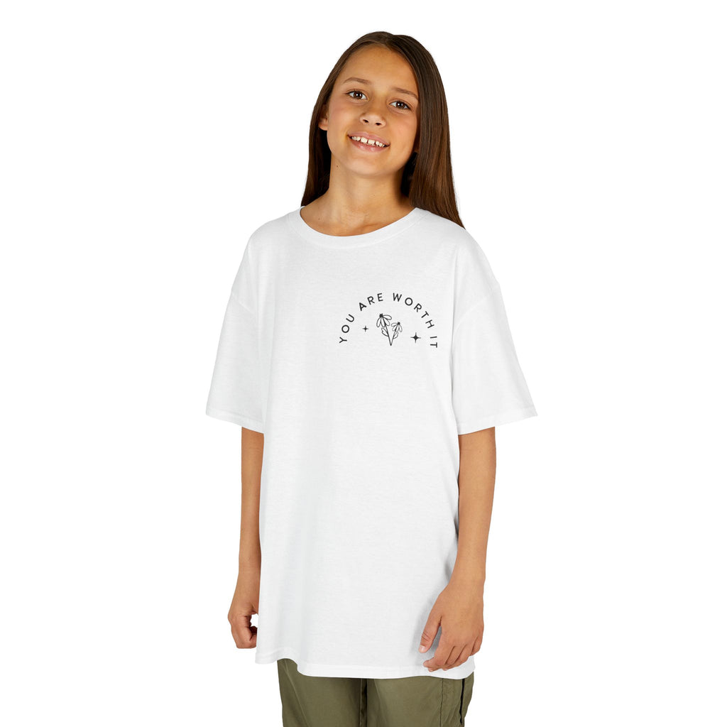 Kids Tee — “You Are Worth It” Minimal Floral Comfort Shirt