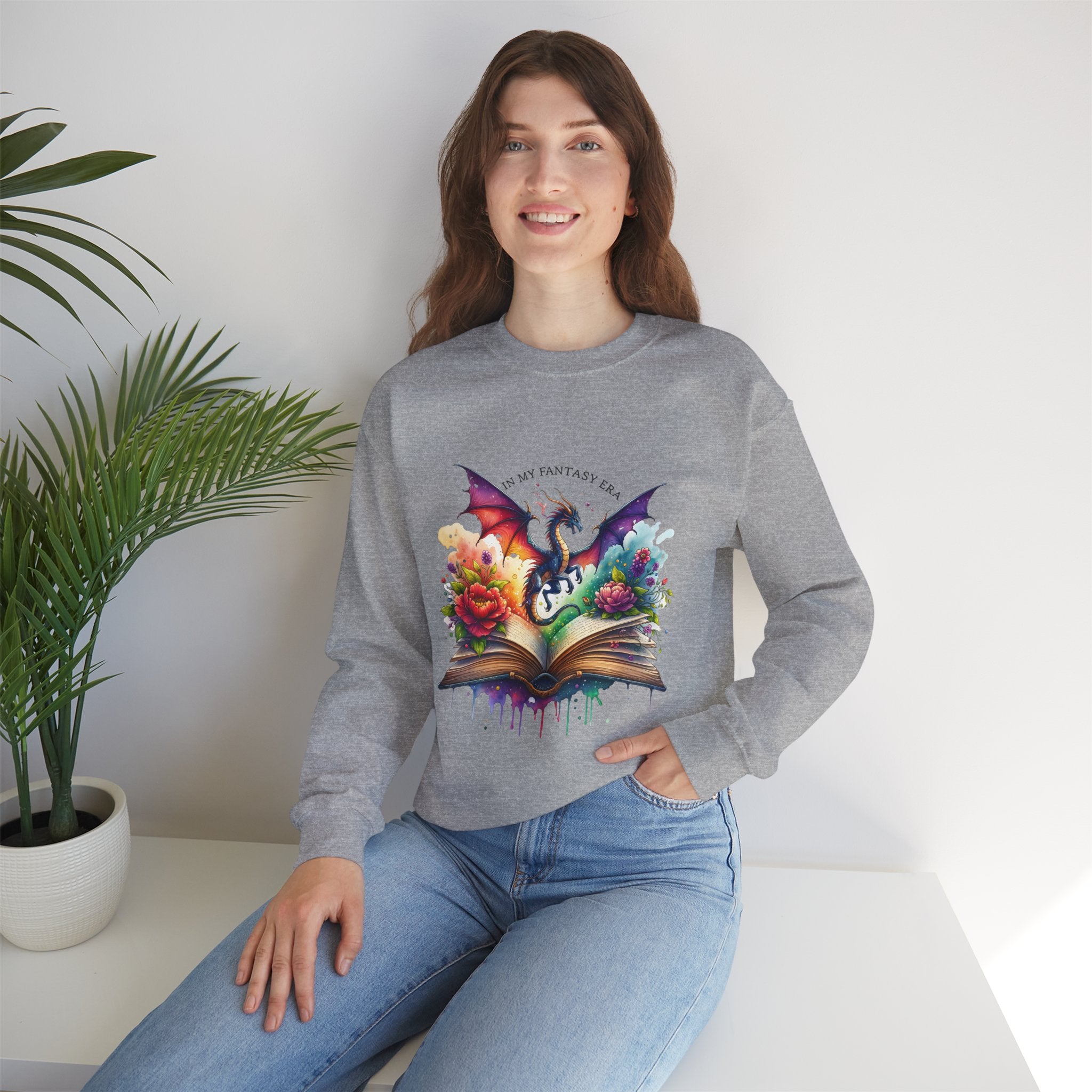 Crewneck Sweatshirt — Fantasy Dragon Emerging From Open Book with Flowers