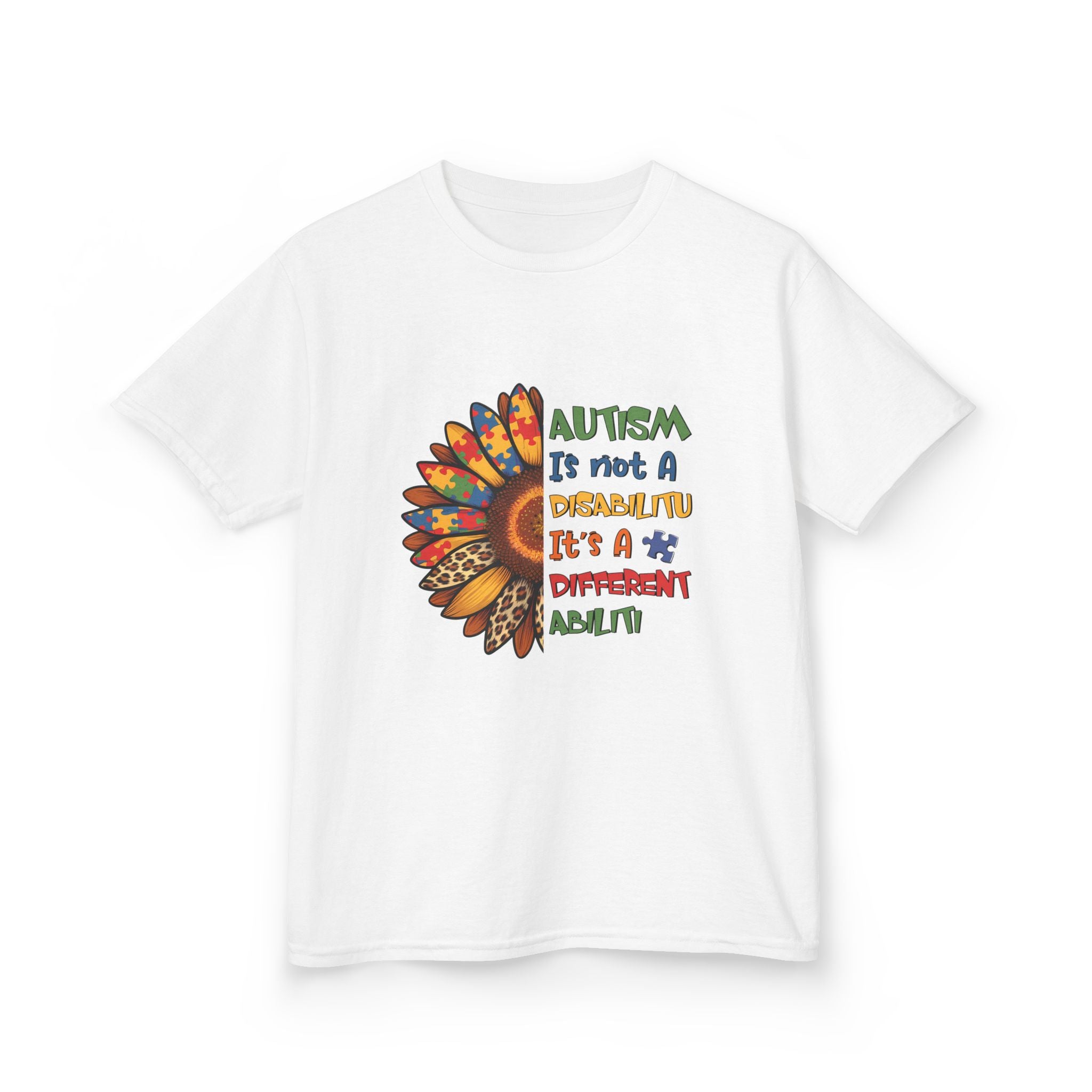 Kids Tee — "Autism Is Not A Disability It's A Different Ability" Colorful Feather Design