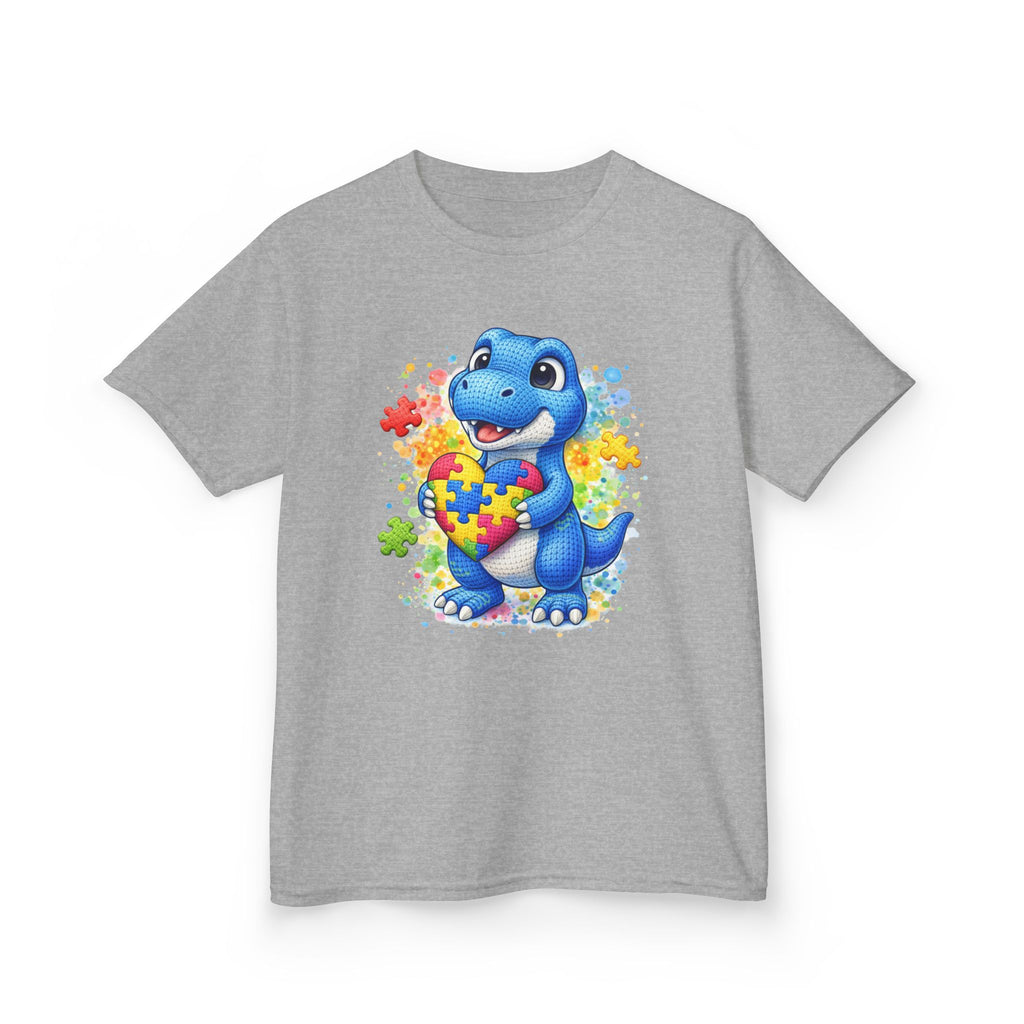 Kids T‑Shirt — Cute Blue Dinosaur Holding Puzzle Heart (Autism Awareness)