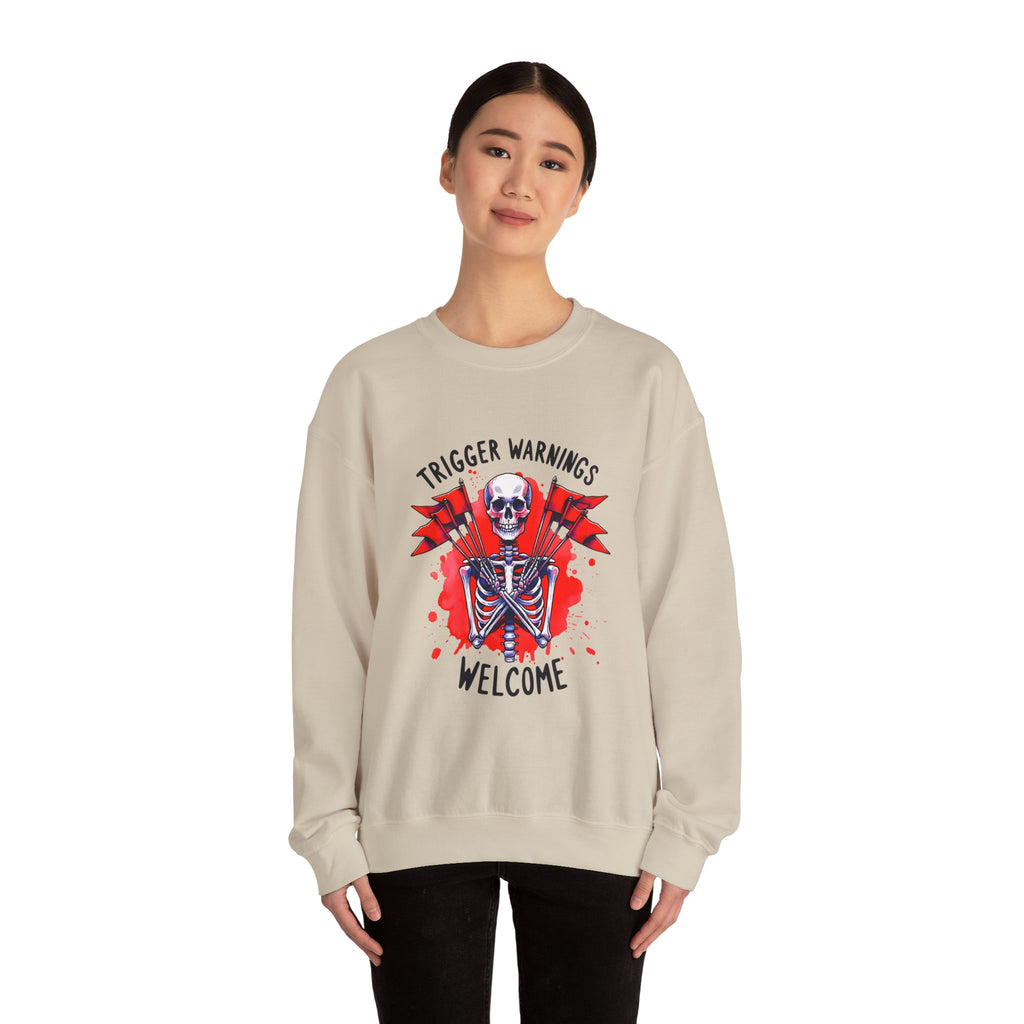 Skeleton Graphic Sweatshirt — "Trigger Warnings Welcome" Gothic Crewneck