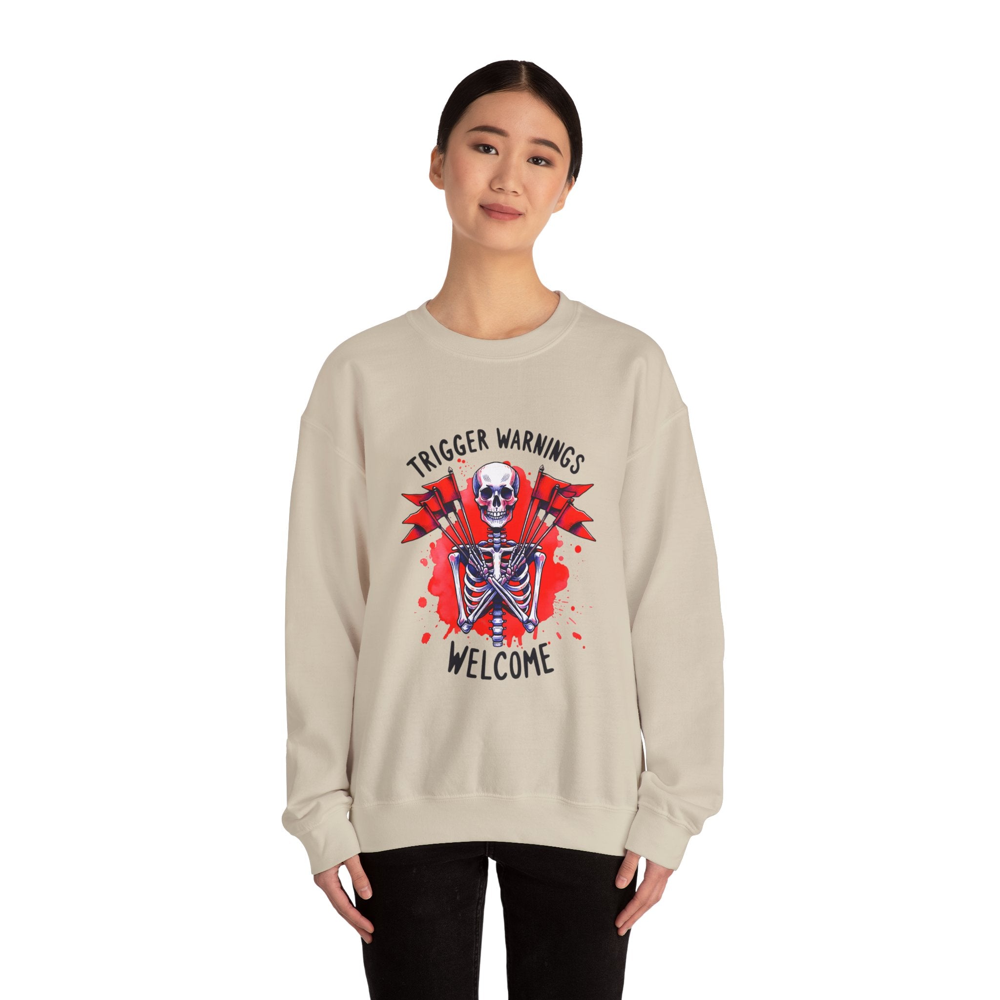 Skeleton Graphic Sweatshirt — "Trigger Warnings Welcome" Gothic Crewneck