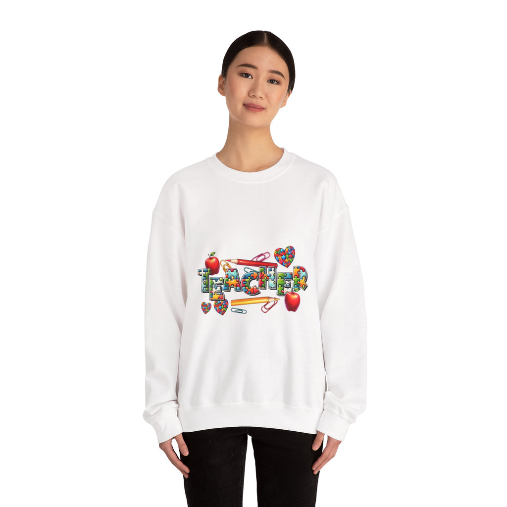Teacher Crewneck Sweatshirt — Colorful Apple & School Supply Design