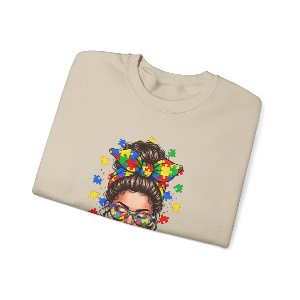 Autism Pride Crewneck Sweatshirt – Colorful Puzzle Ribbon Girl Design