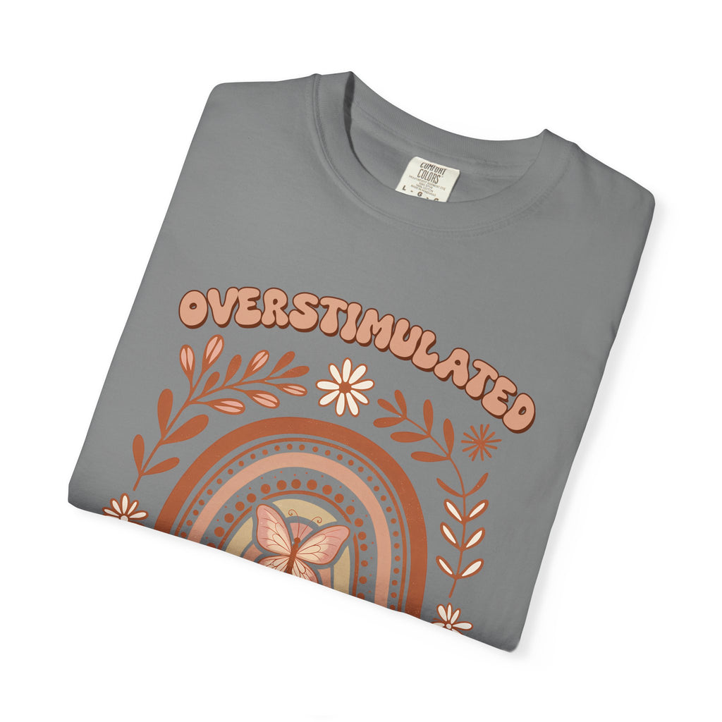 Moms Club Tee — "Overstimulated" Retro Floral Rainbow Mother's Day Shirt