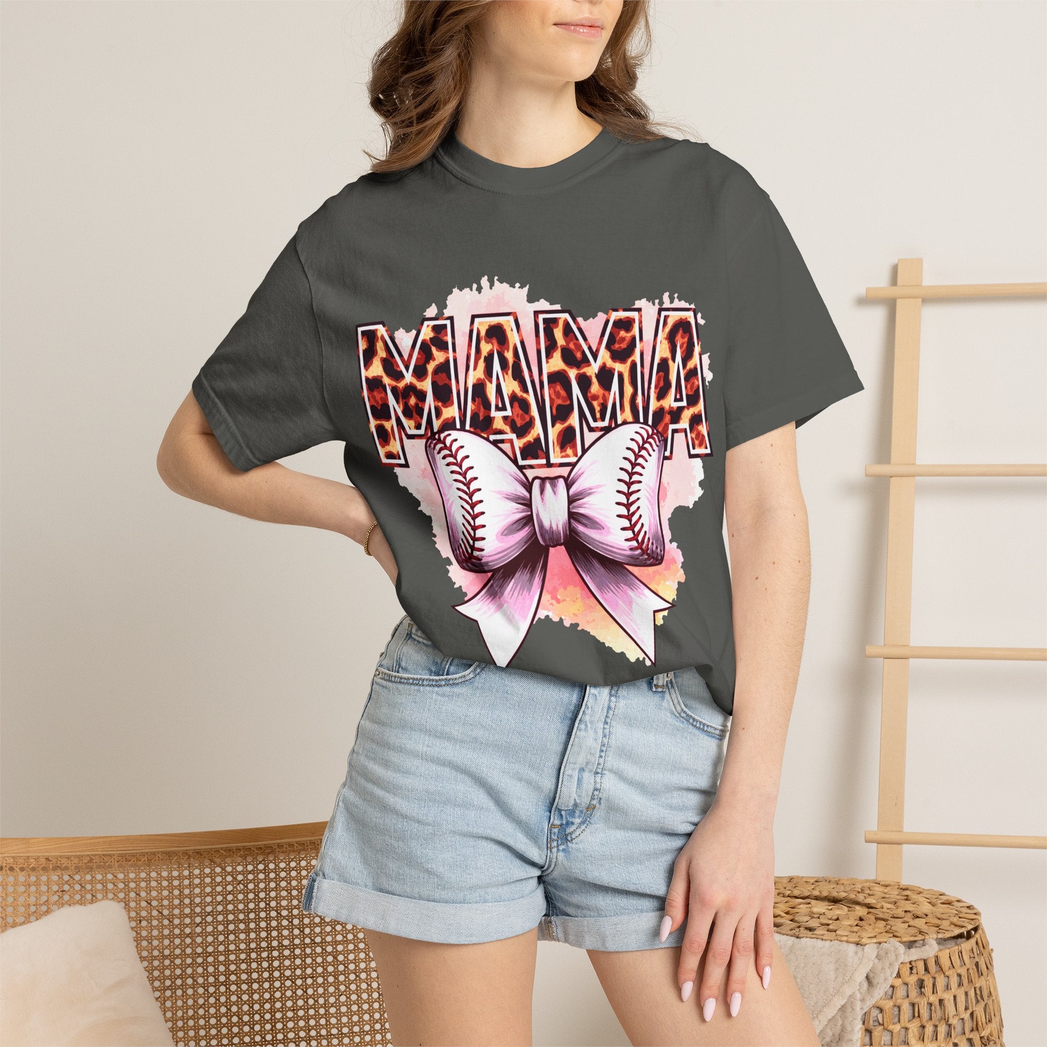Mama Softball Tee — Leopard Print 'MAMA' with Bow
