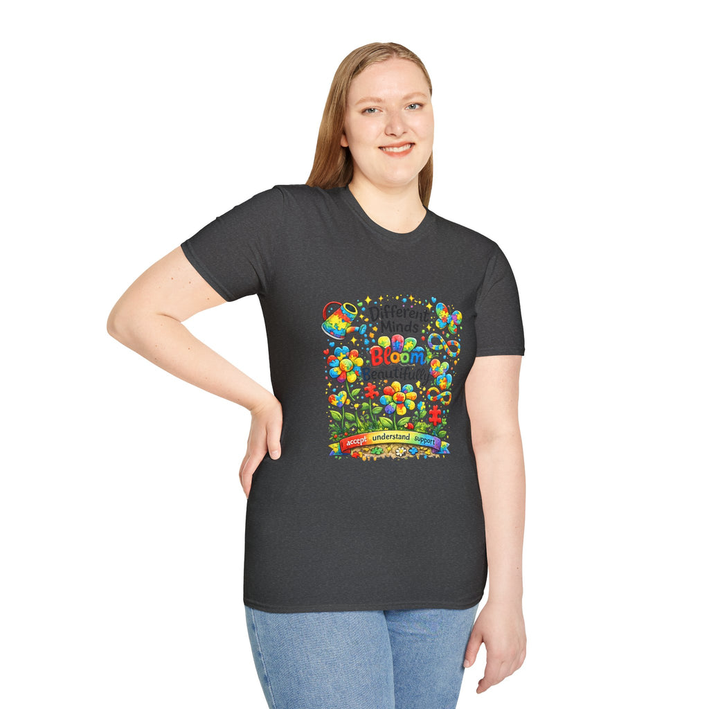 Autism Awareness T-Shirt – "Different Minds Bloom Beautifully" Colorful Puzzle Heart Design