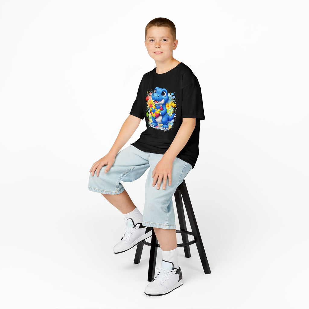 Kids T‑Shirt — Cute Blue Dinosaur Holding Puzzle Heart (Autism Awareness)