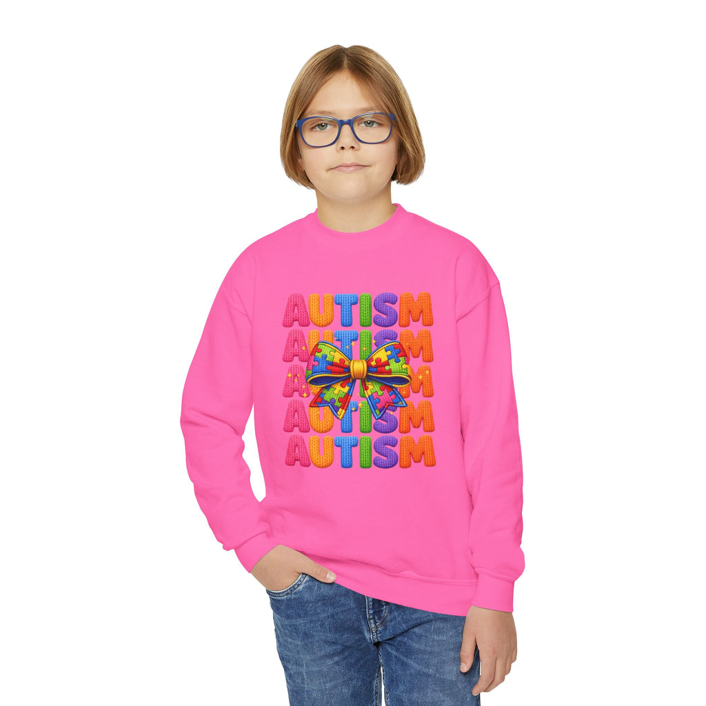 Youth Autism Awareness Crewneck Sweatshirt – Colorful Puzzle Ribbon Design
