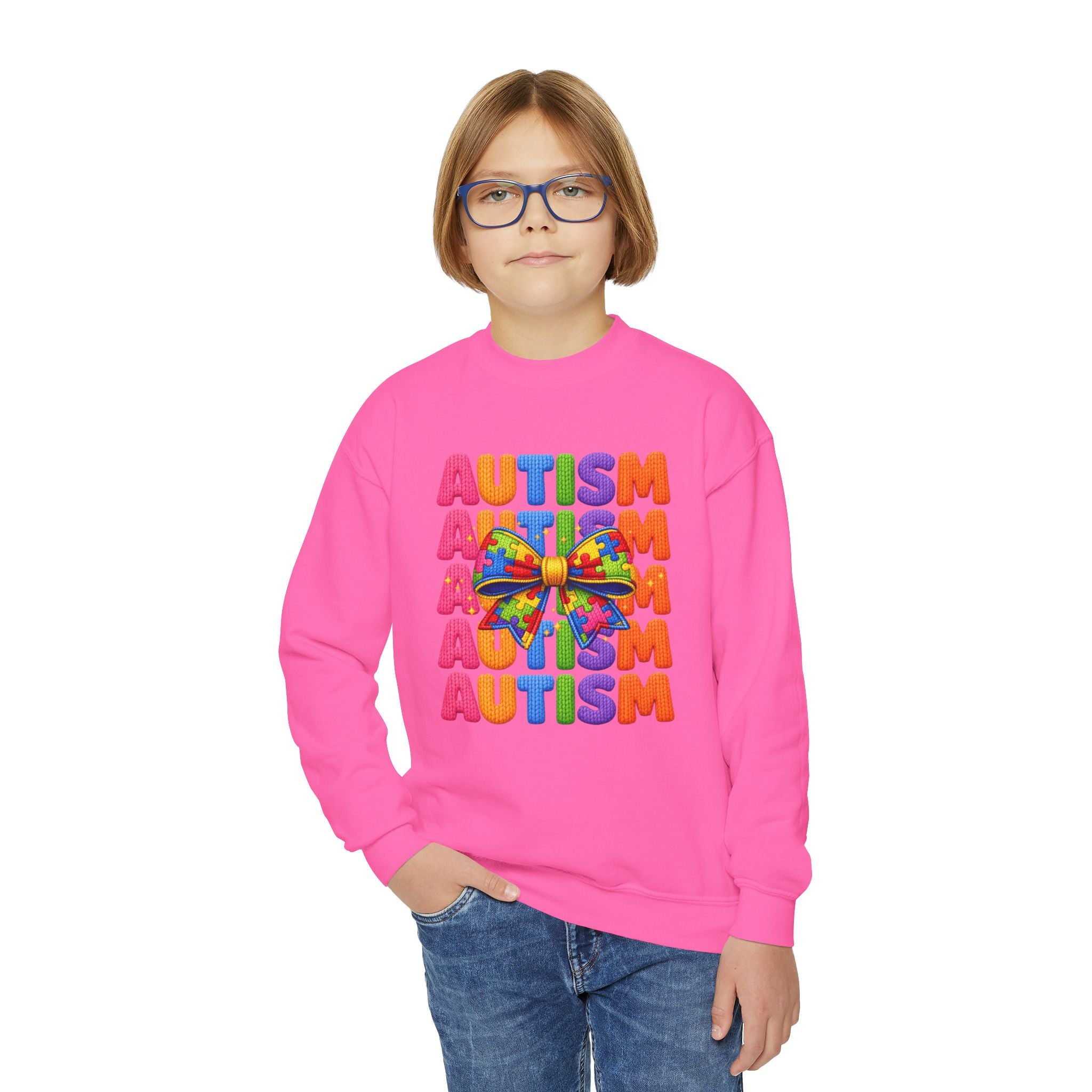 Youth Autism Awareness Crewneck Sweatshirt – Colorful Puzzle Ribbon Design