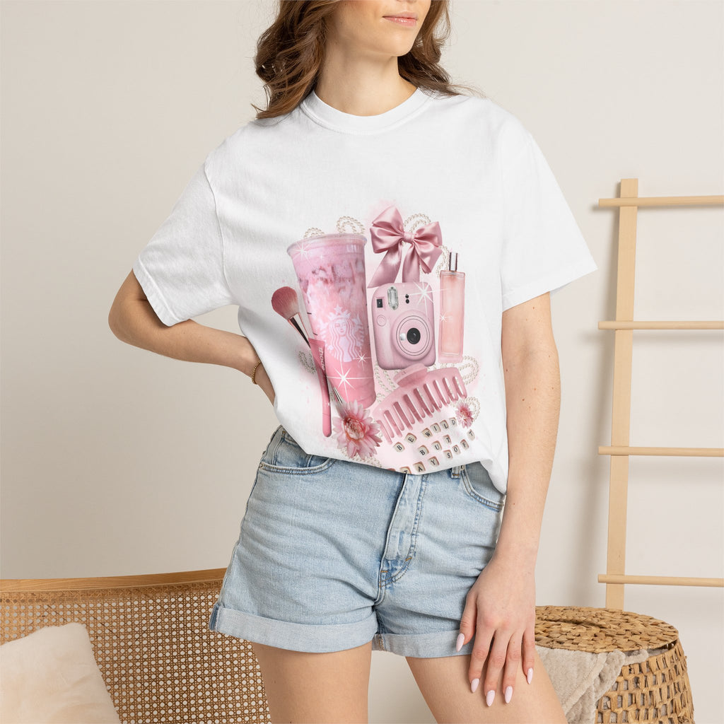 Pink Vanity Aesthetic T-Shirt — Makeup, Polaroid & Accessories Graphic Tee