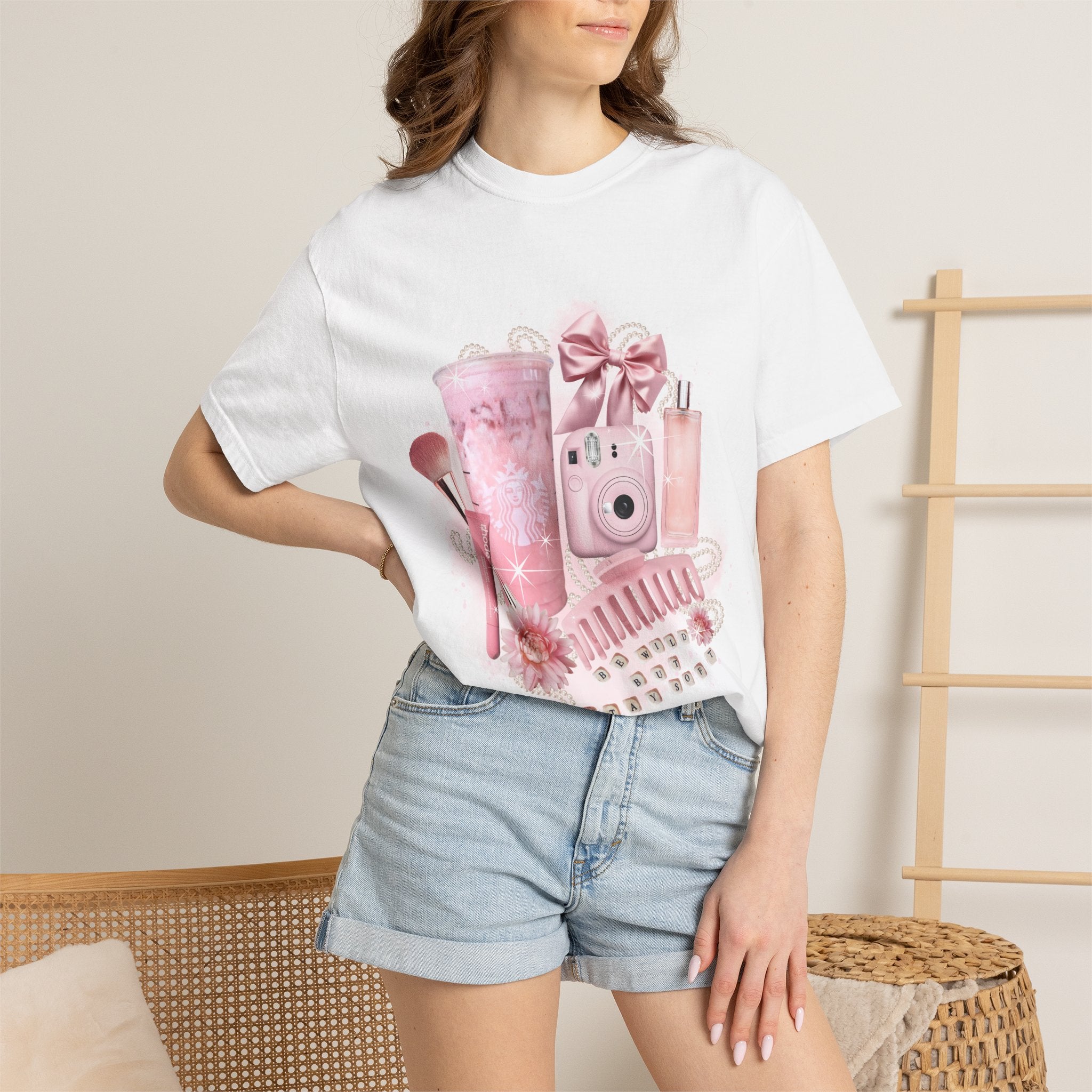 Pink Vanity Aesthetic T-Shirt — Makeup, Polaroid & Accessories Graphic Tee