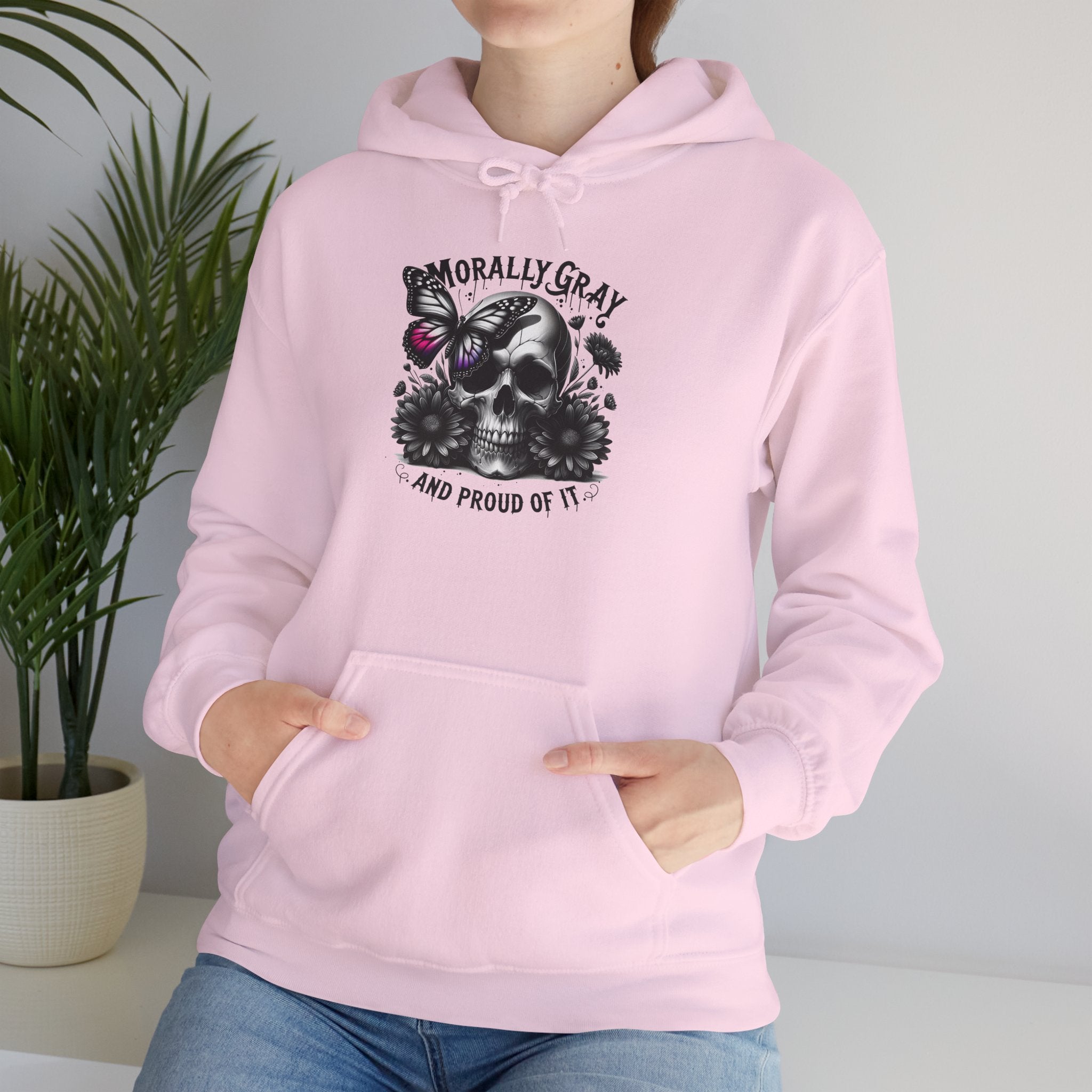 Hoodie — "Morally Gray and Proud of It" Skull & Butterfly Graphic