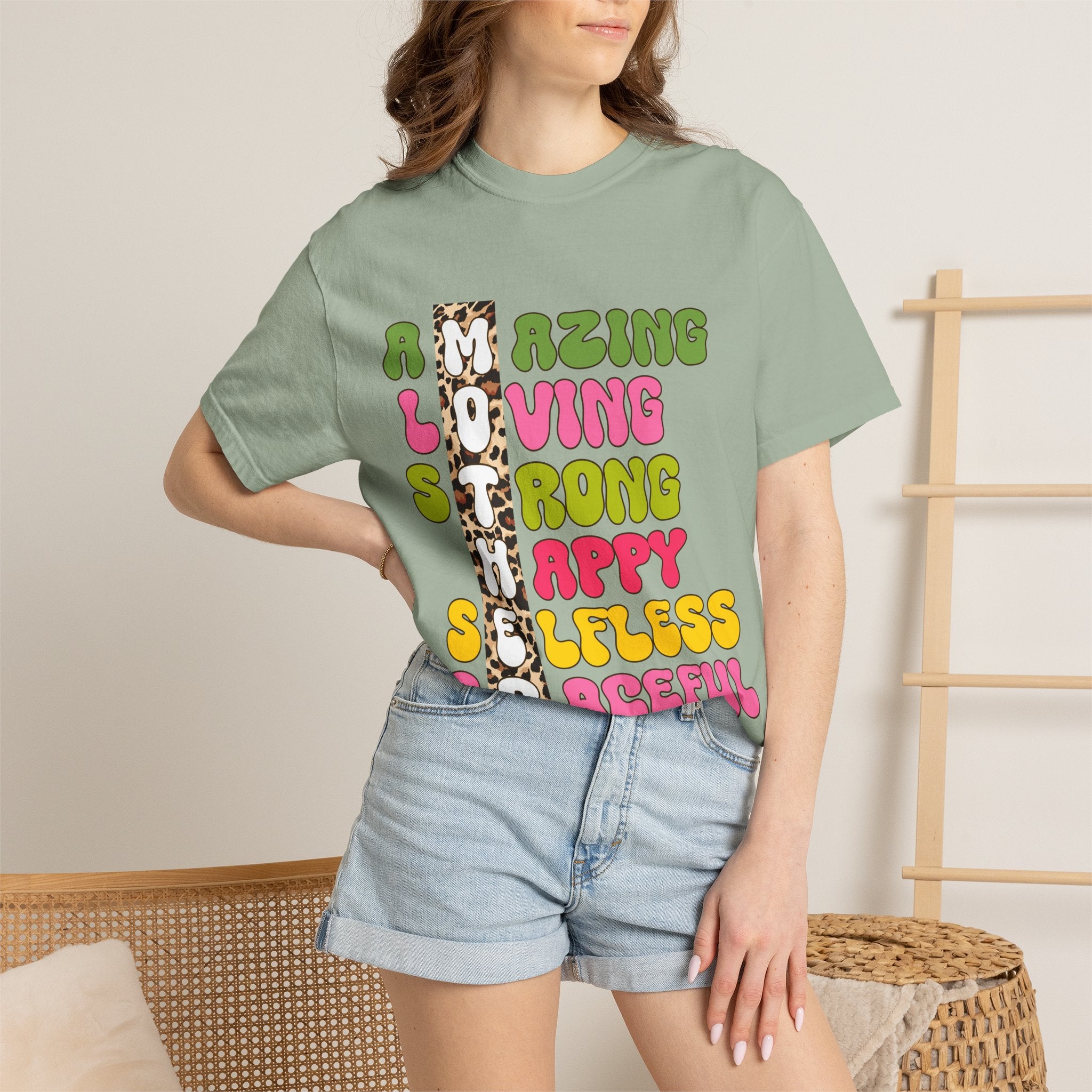 Mother Acrostic Graphic T-Shirt — Retro Bubble Letters & Leopard Accent