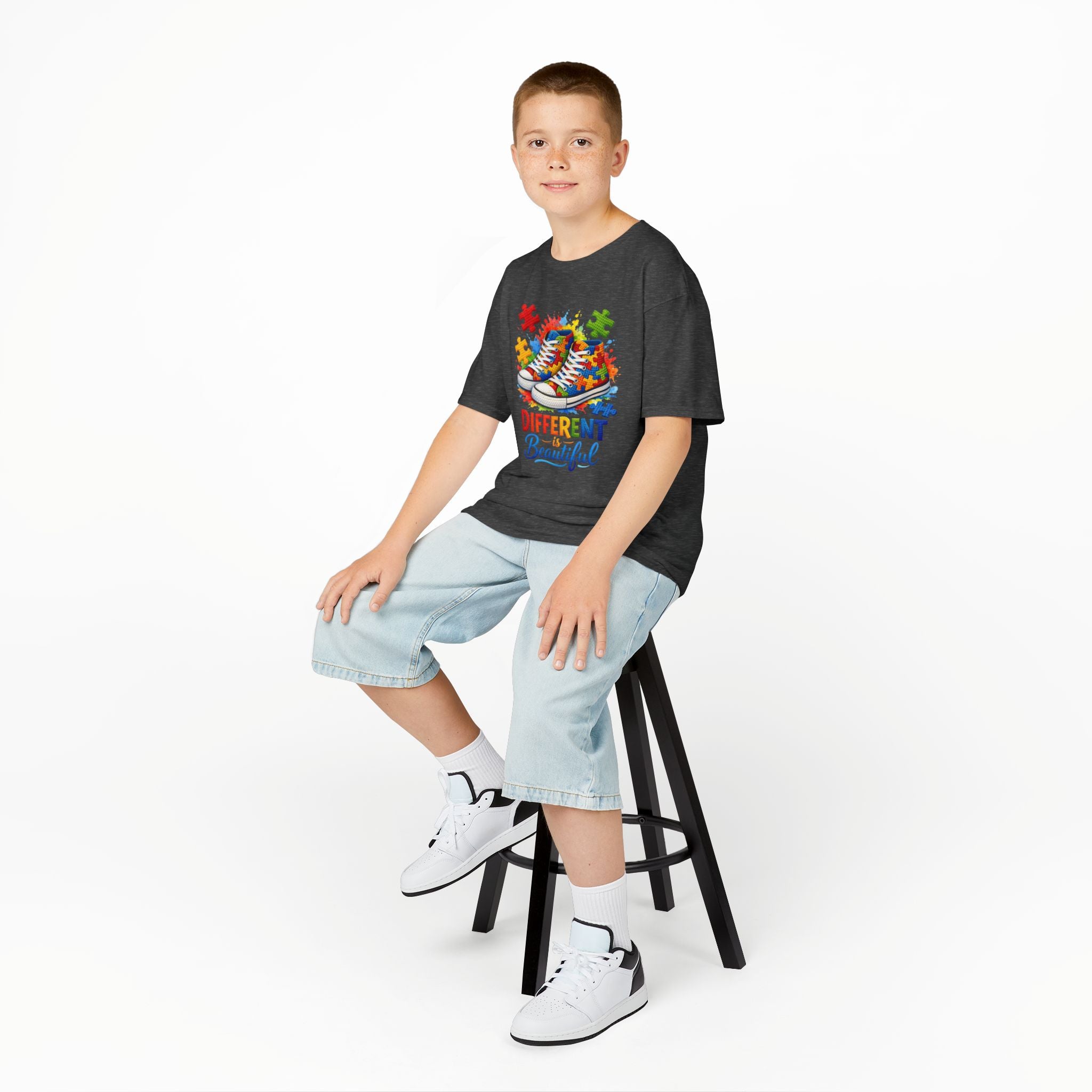 Kids T‑Shirt — 'Different Beautiful' Autism Awareness Sneakers Design