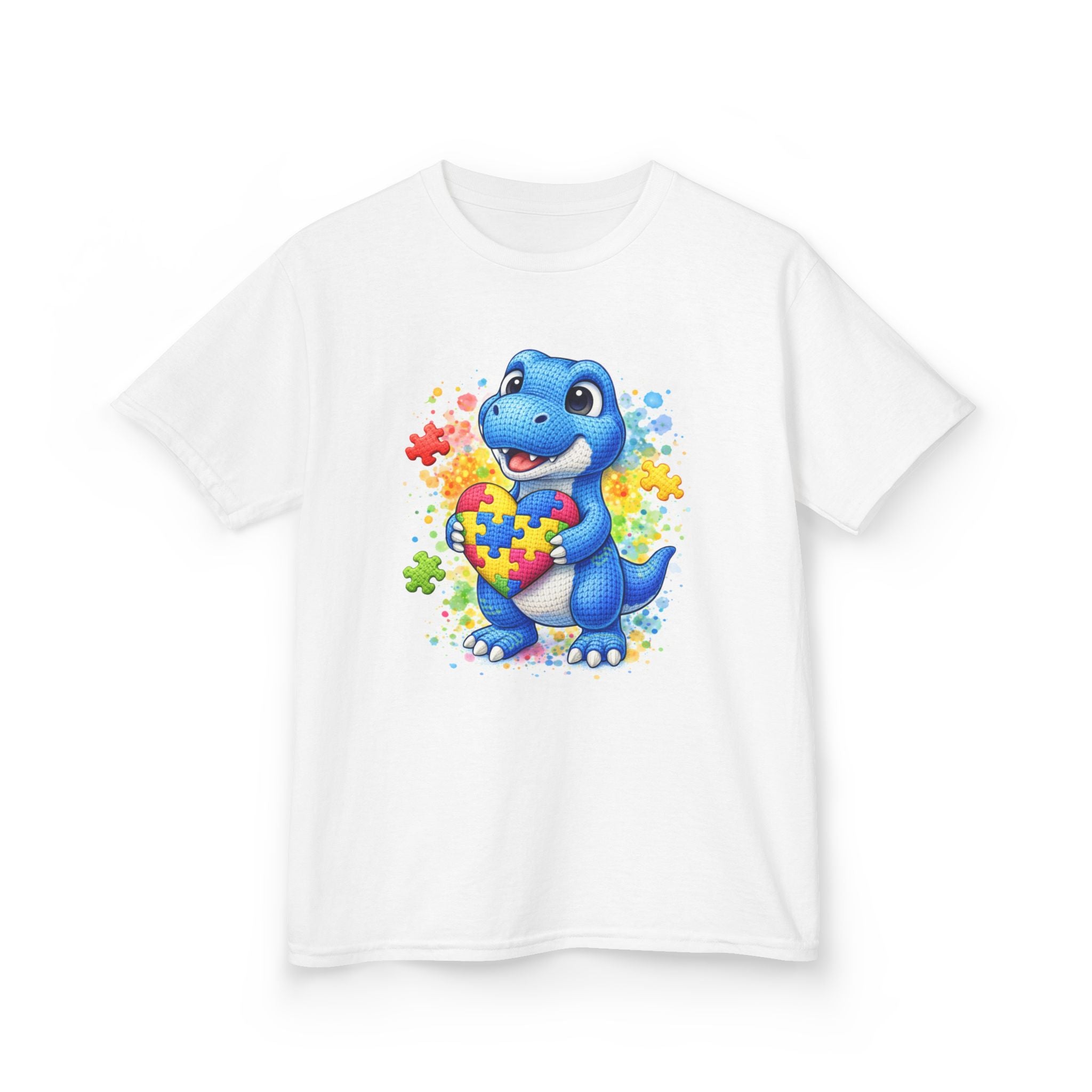 Kids T‑Shirt — Cute Blue Dinosaur Holding Puzzle Heart (Autism Awareness)