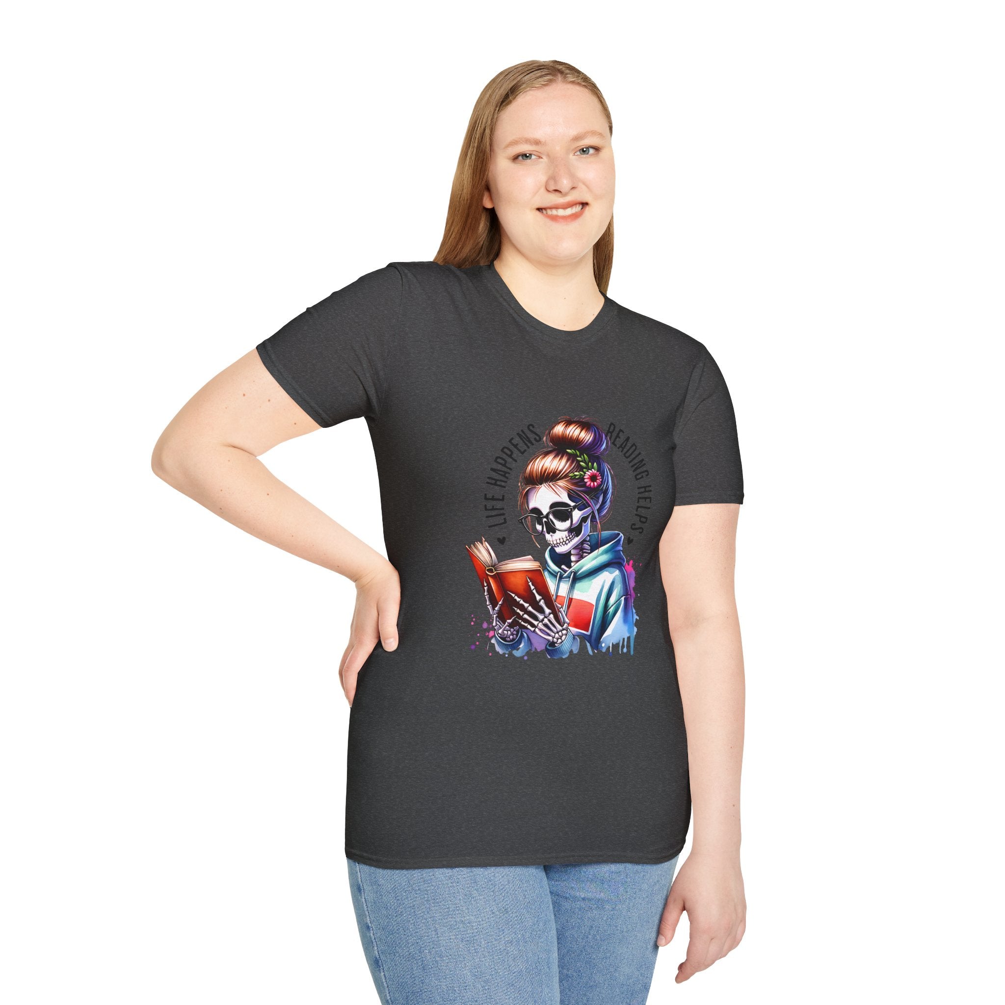 Reading Skull T-Shirt — "Life Happens, Reading Help" Gothic Booklover Tee