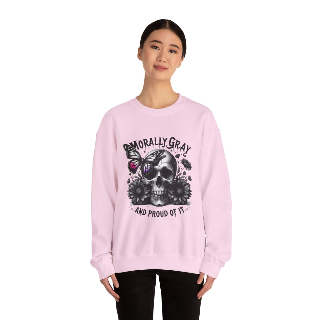 Morally Gray Skull Crewneck Sweatshirt – "Morally Gray and Proud of It" Gothic Butterfly Design