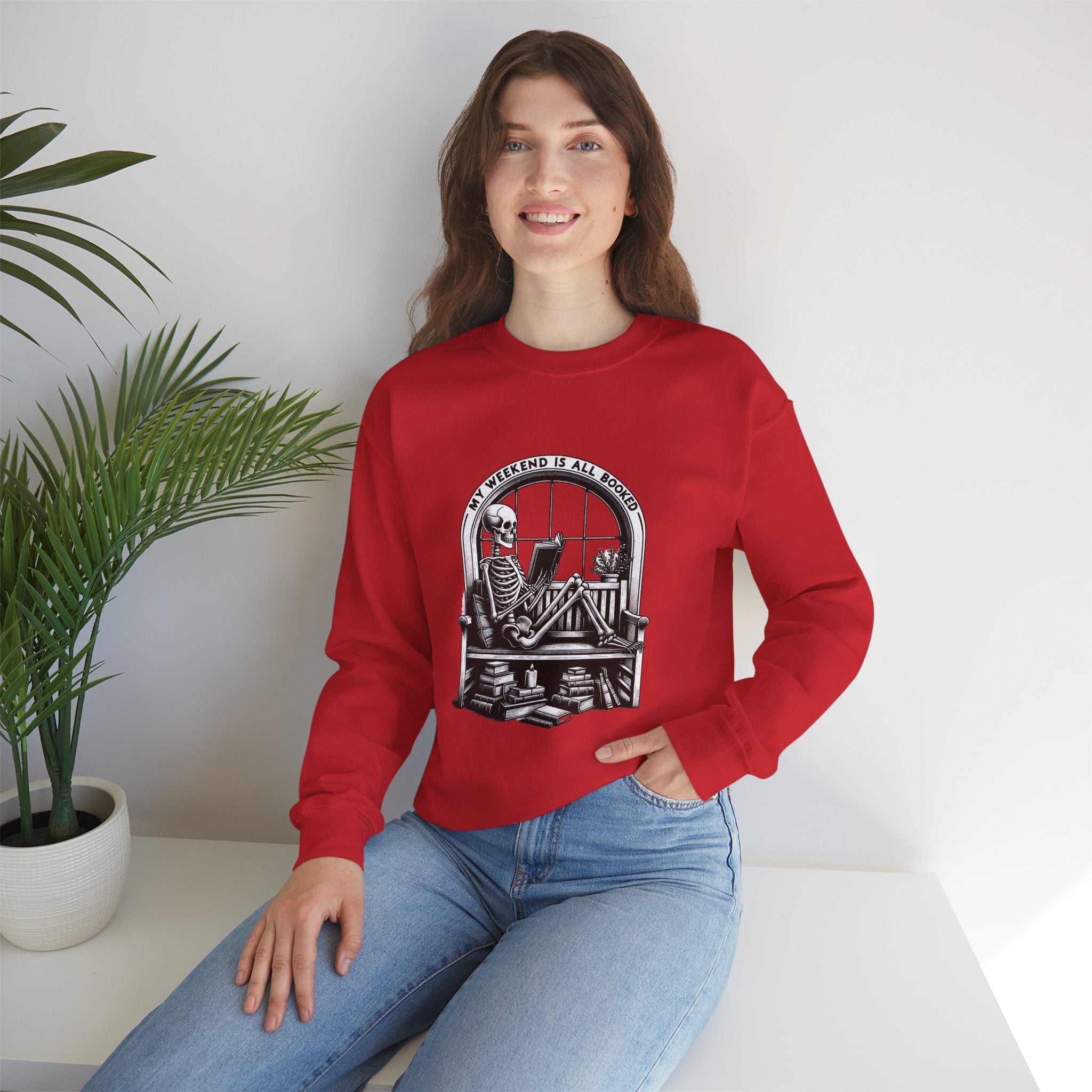 Skeleton Reading Sweatshirt — "My Weekend Is All Booked" Cozy Crewneck