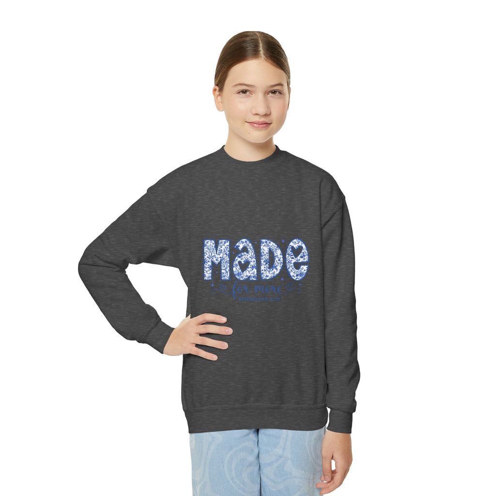 Youth Crewneck Sweatshirt — "Made for More" Floral Script Youth Sweatshirt
