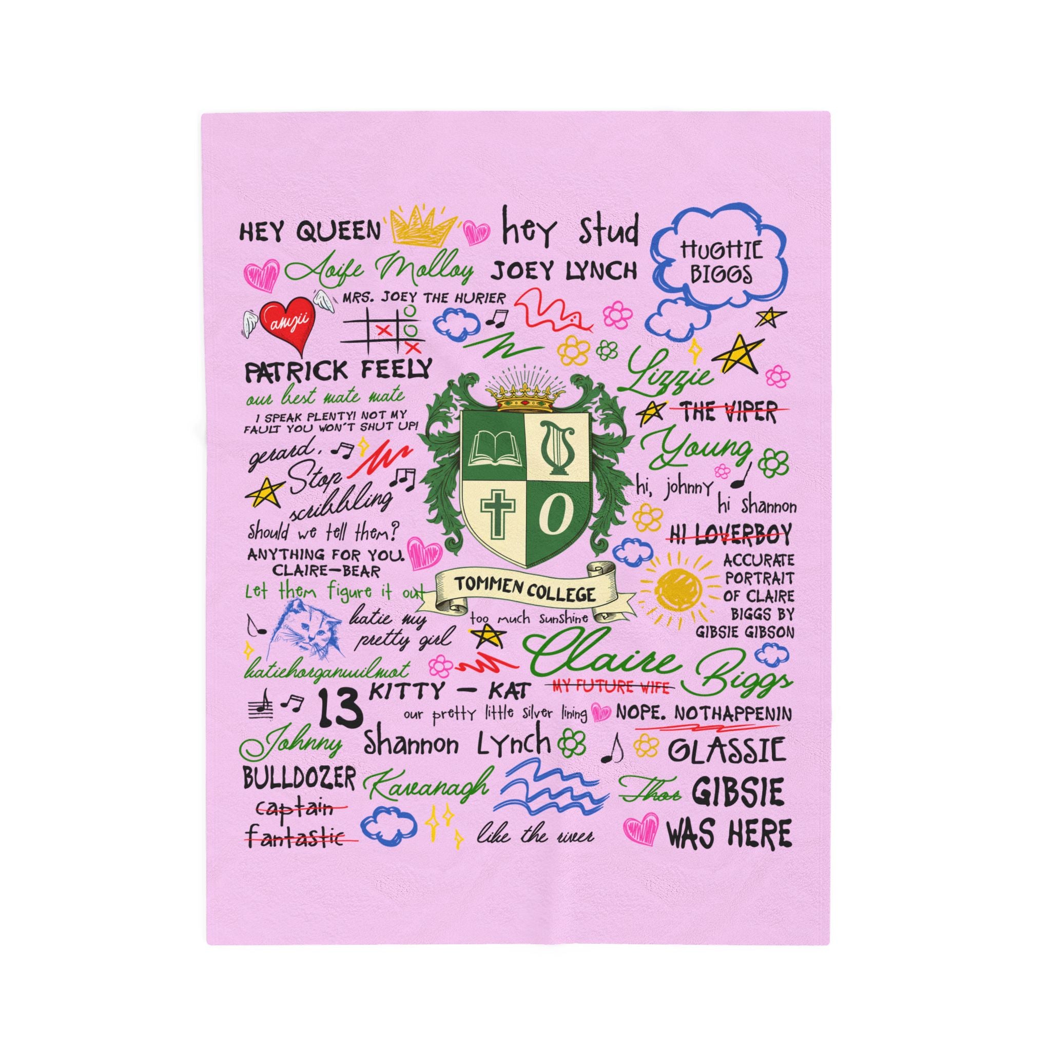 Velveteen Plush Blanket — Pink Doodle College Crest Throw
