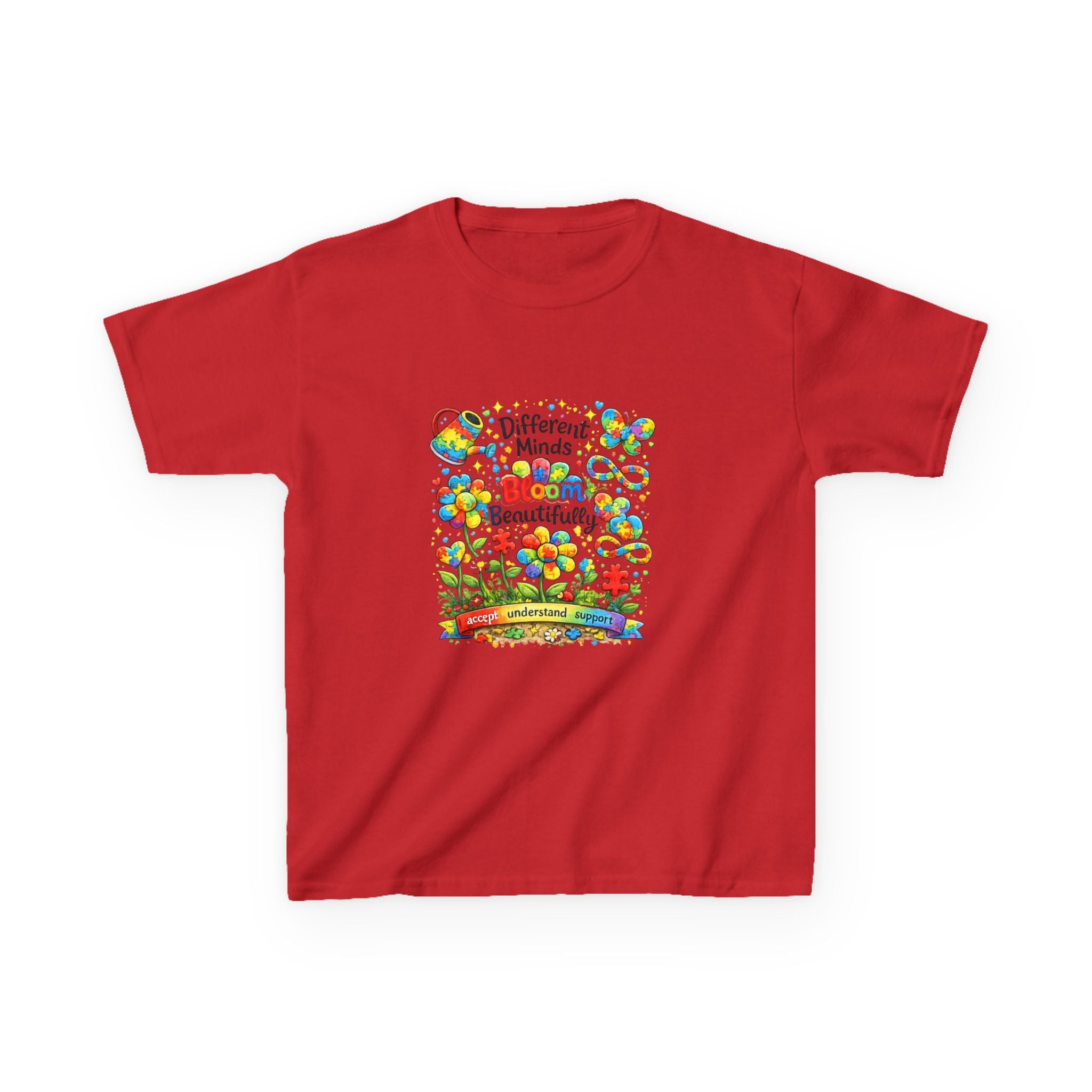 Kids Tee — "Different Minds Bloom Beautifully" Rainbow Flower Autism Awareness Shirt