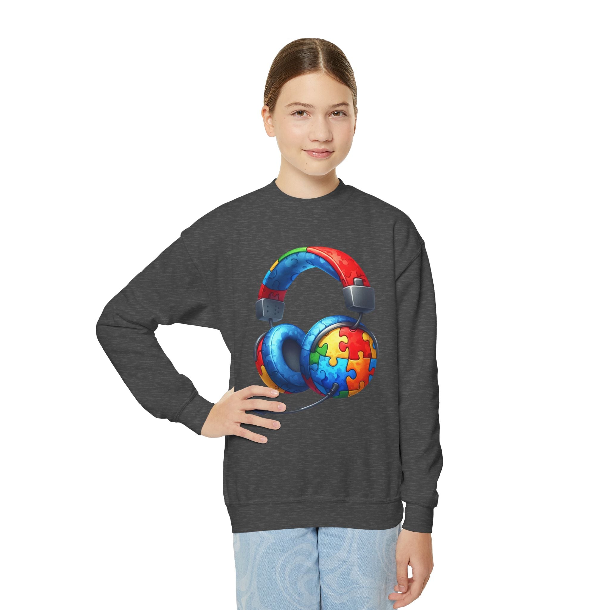 Youth Crewneck Sweatshirt — Colorful Headphones with Puzzle Heart Graphic (Autism Awareness)