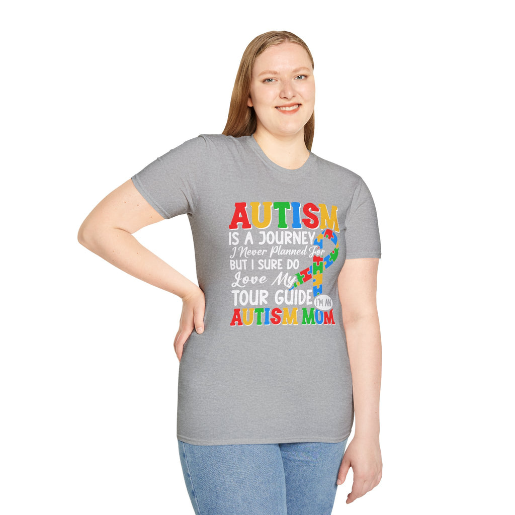 Autism Mom T-Shirt – “Autism Is a Journey…I Love My Tour Guide” Puzzle Ribbon Tee