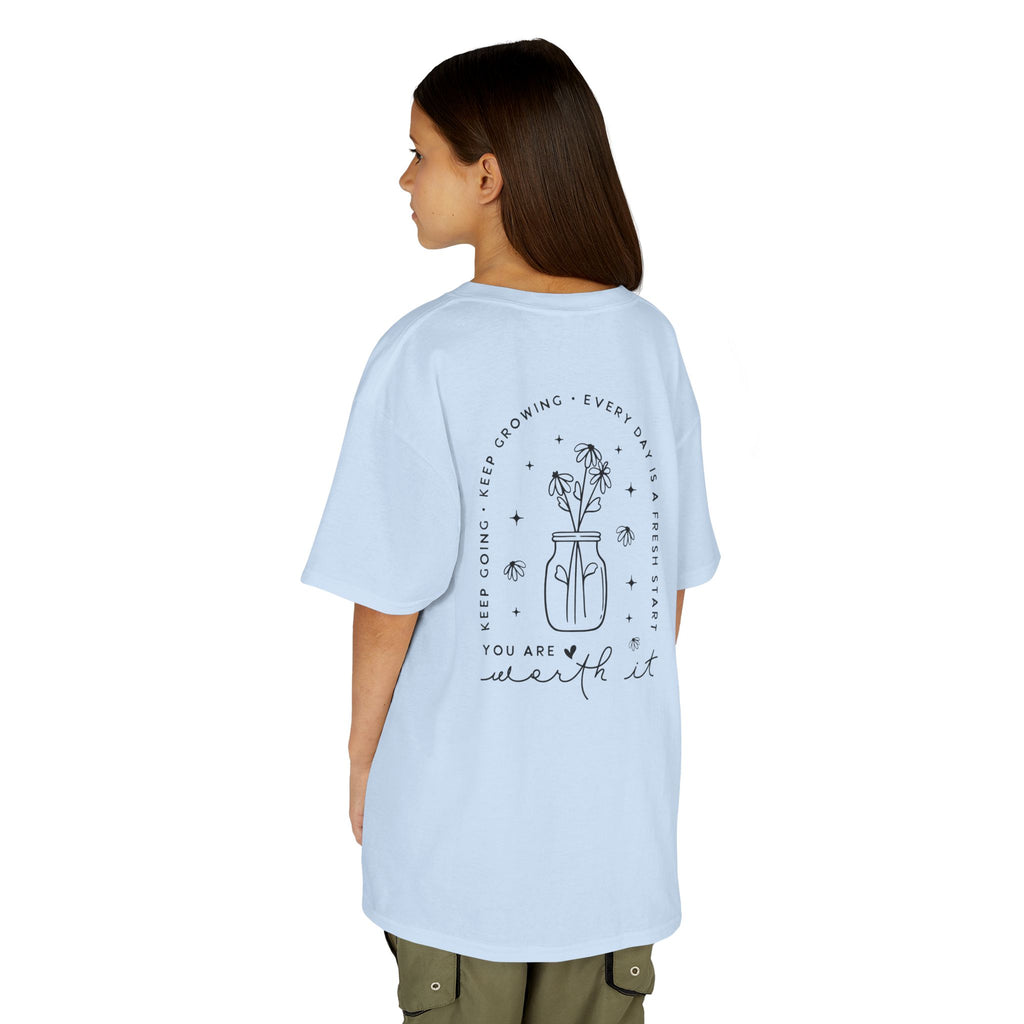 Kids Tee — “You Are Worth It” Minimal Floral Comfort Shirt