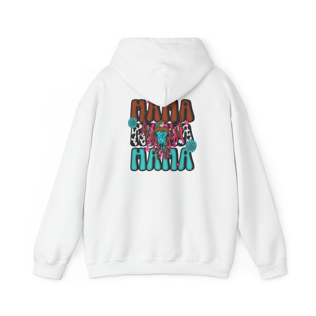 Double-sided Bull Skull Graphic Hoodie – Teal & Brown Desert Cow Skull Pullover