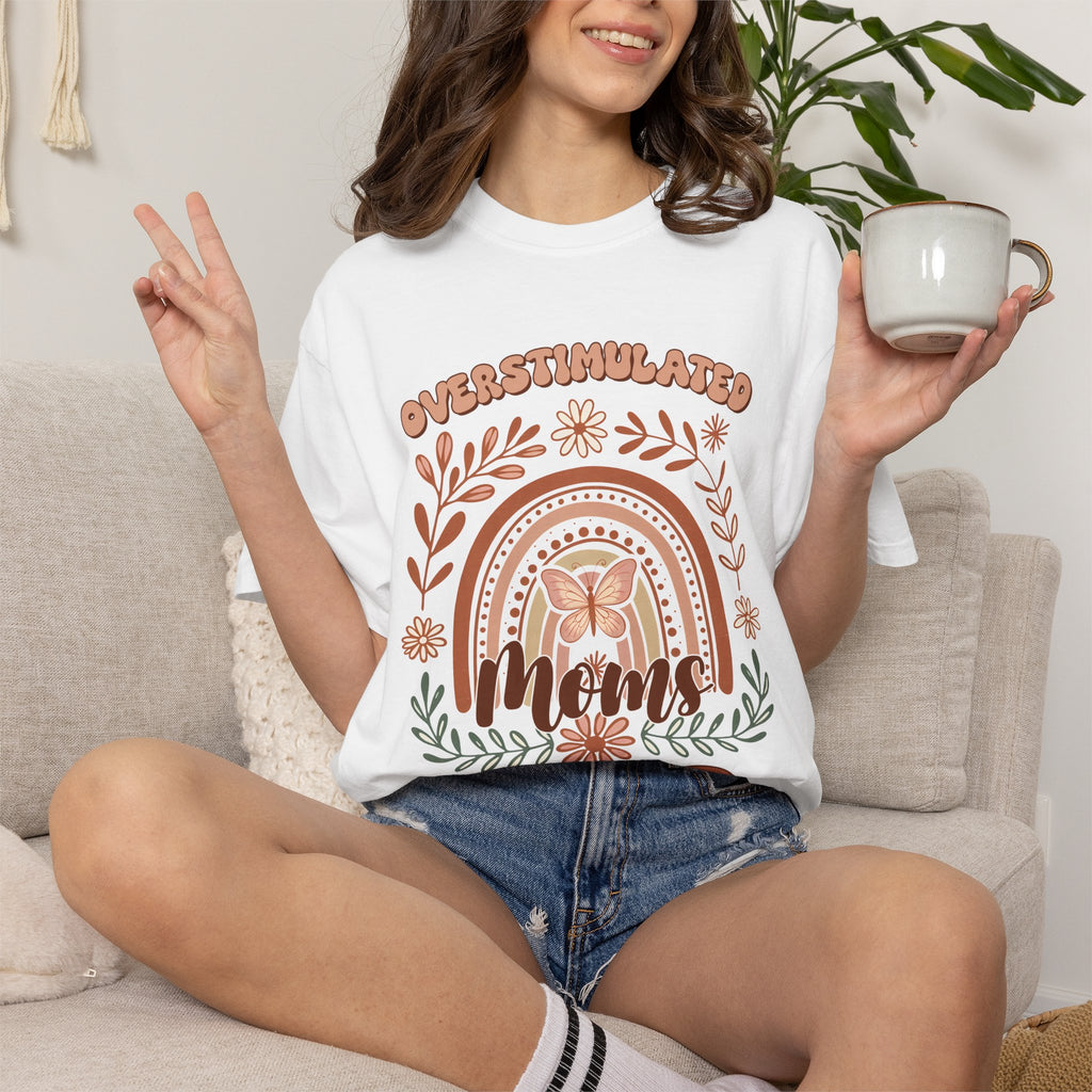 Moms Club Tee — "Overstimulated" Retro Floral Rainbow Mother's Day Shirt