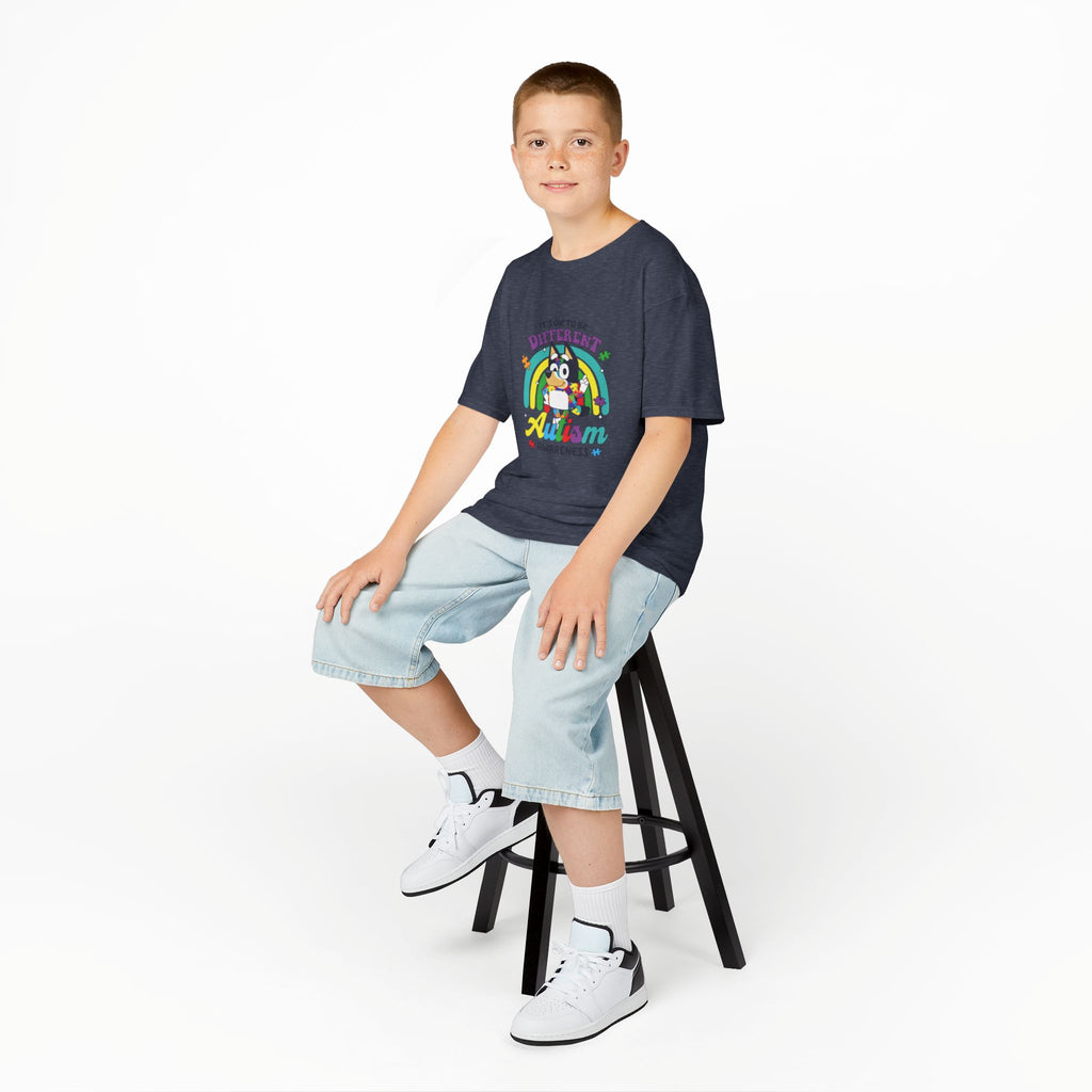 Kids Tee — "It's OK to Be Different" Autism Awareness Rainbow Design