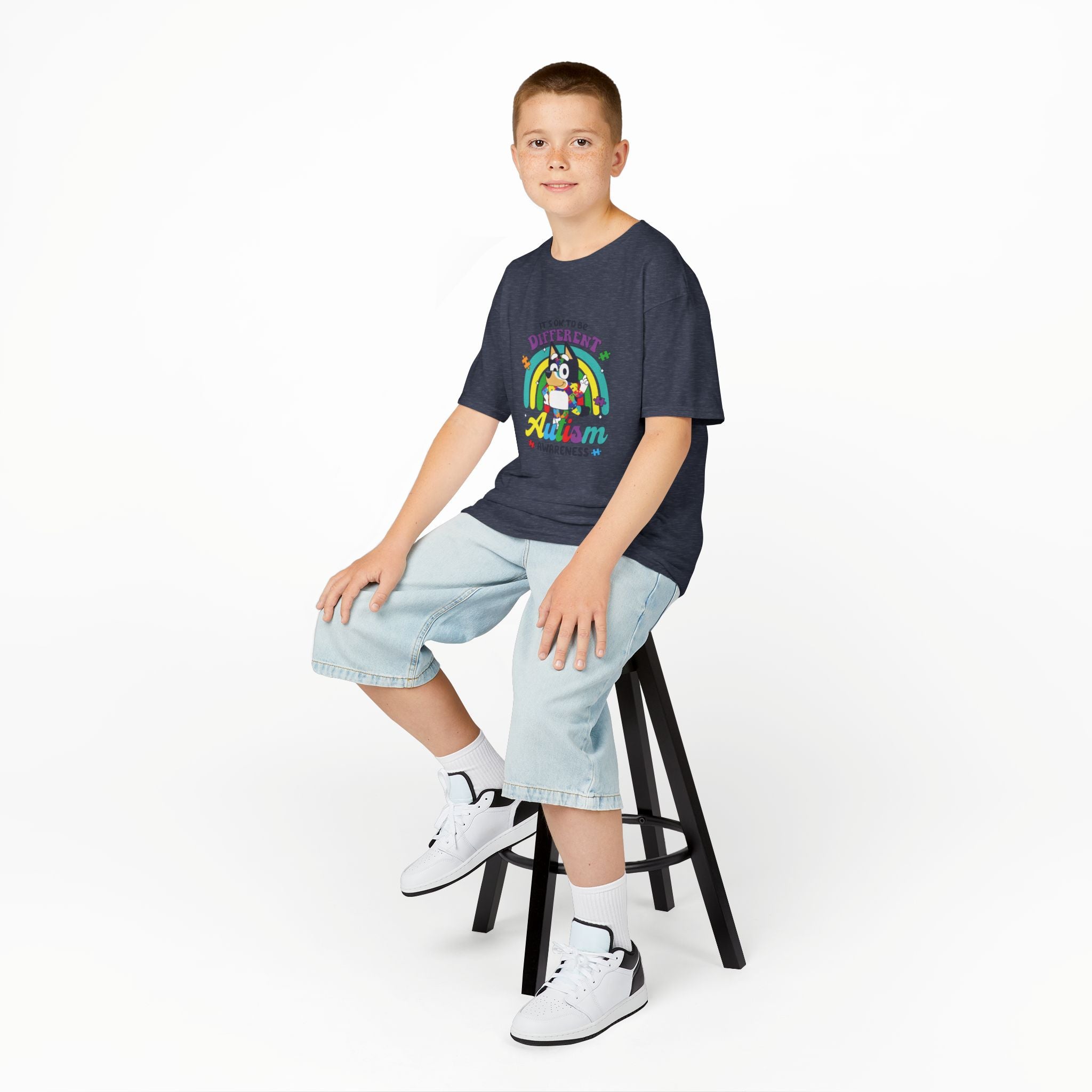 Kids Tee — "It's OK to Be Different" Autism Awareness Rainbow Design